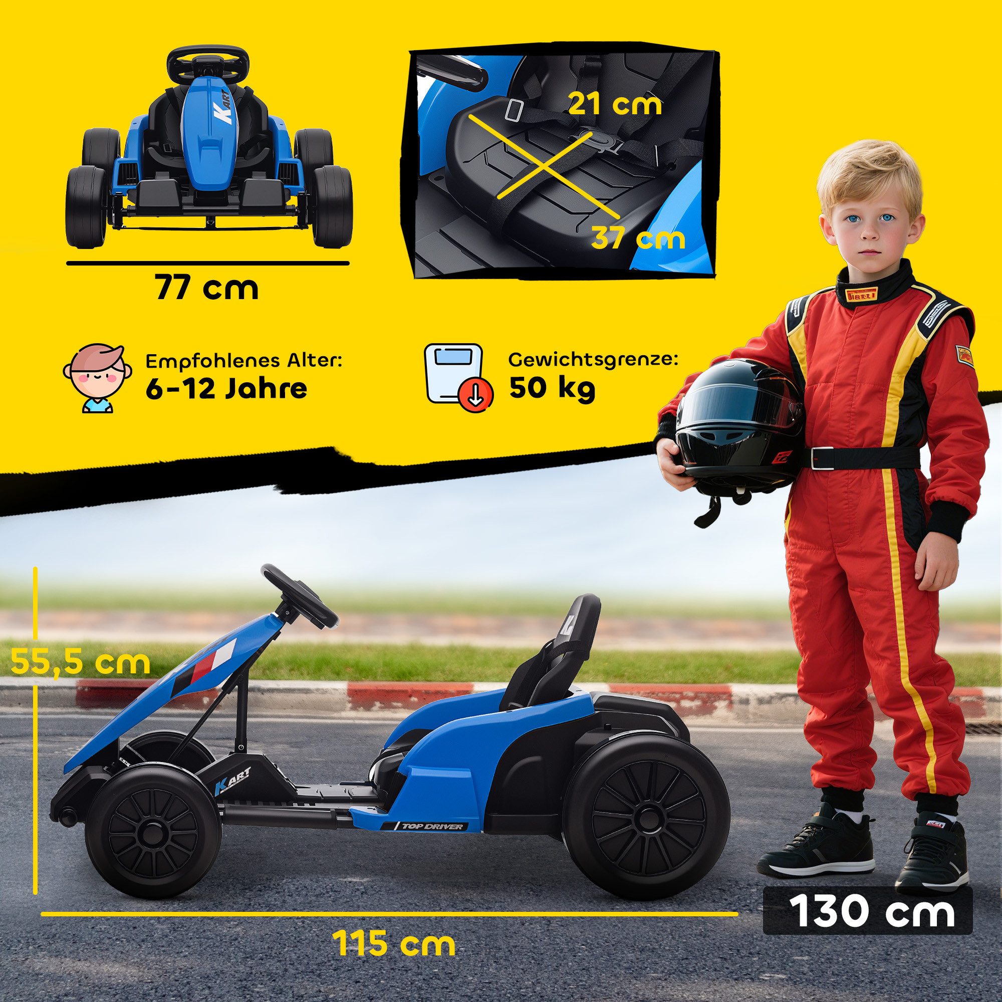 AIYAPLAY Elektro-Kinderauto Gokart 24 V Drift Kart mit 2 Motorn, Driftmodus, Belastbarkeit 50 kg, (1-tlg), für 6-12 Jahre Kinder, Blau