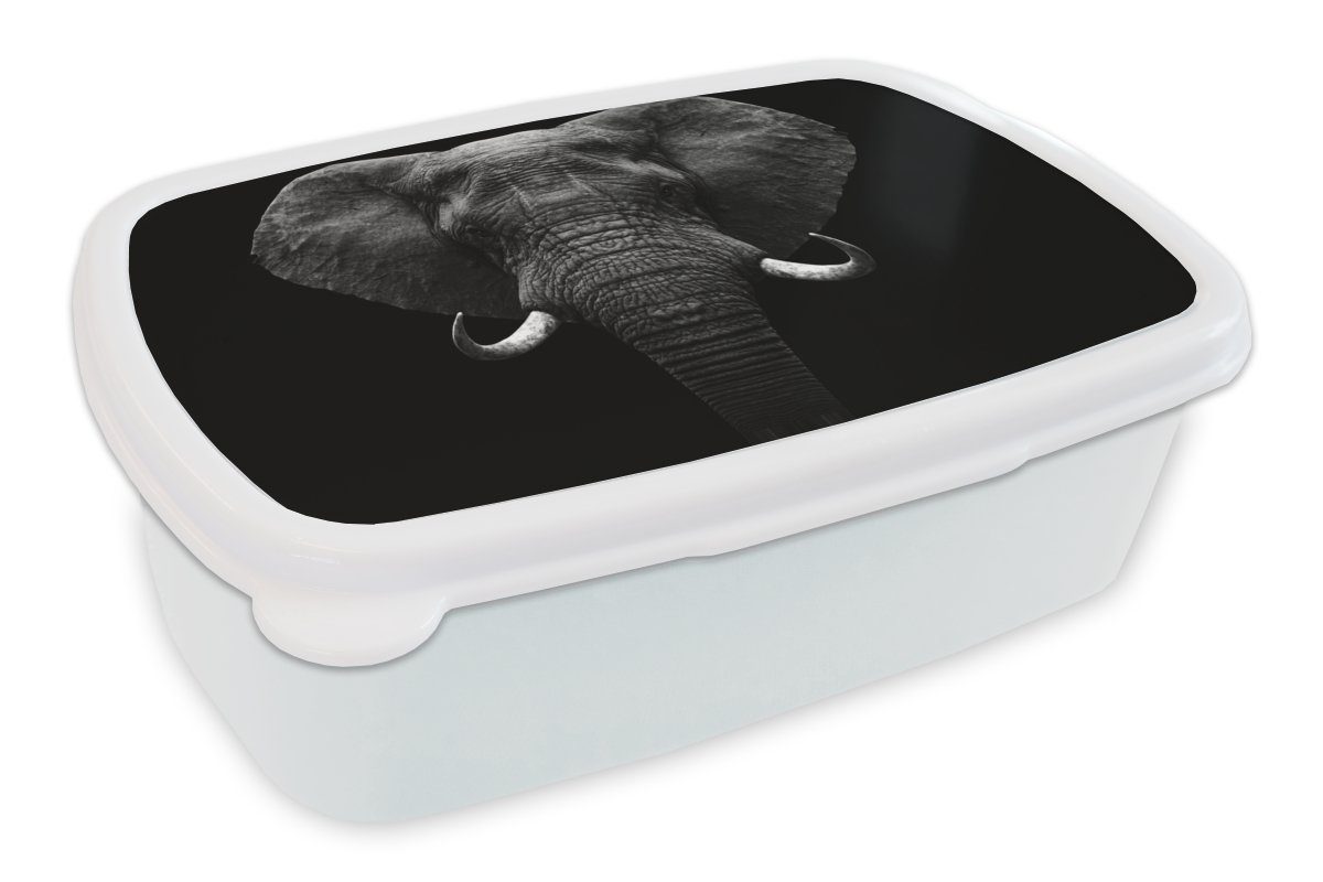 MuchoWow Lunchbox Tiere - Elefant - Porträt - Schwarz - Weiß, Kunststoff, (2-tlg), Brotbox für Kinder und Erwachsene, Brotdose, für Jungs und Mädchen
