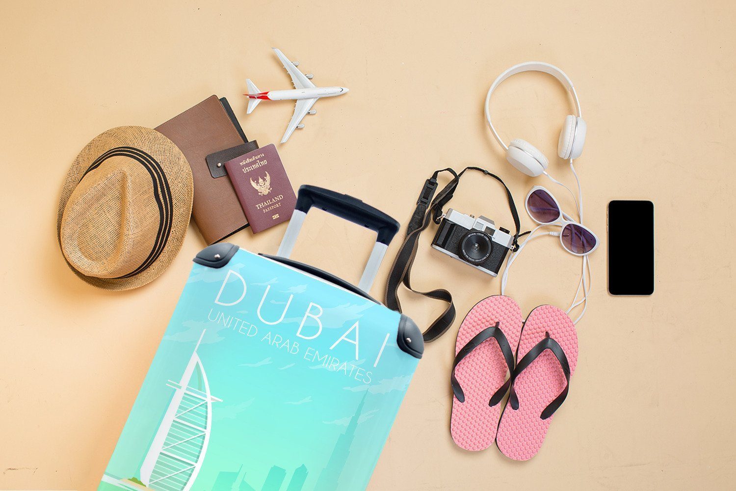 für Ferien, Dubai, Emirate, Trolley, der Handgepäckkoffer 4 Vereinigte Reisetasche Rollen, MuchoWow mit Handgepäck Reisekoffer Arabische Illustration Stadt rollen,