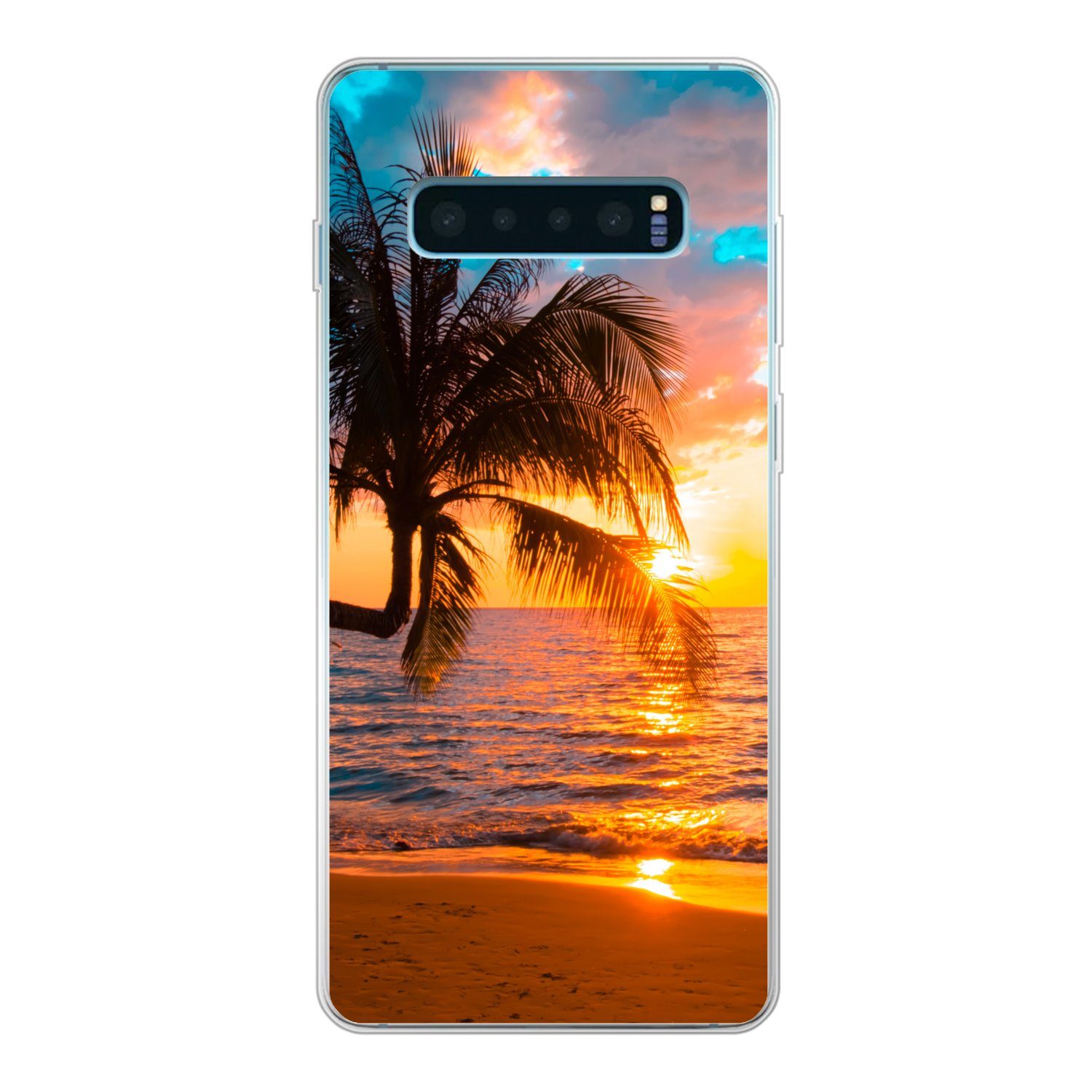 MuchoWow Handyhülle für Samsung Galaxy S10 Plus Palme - Sonnenuntergang - Horizont - Stran, Phone Case, Silikon, Schutzhülle Dünn