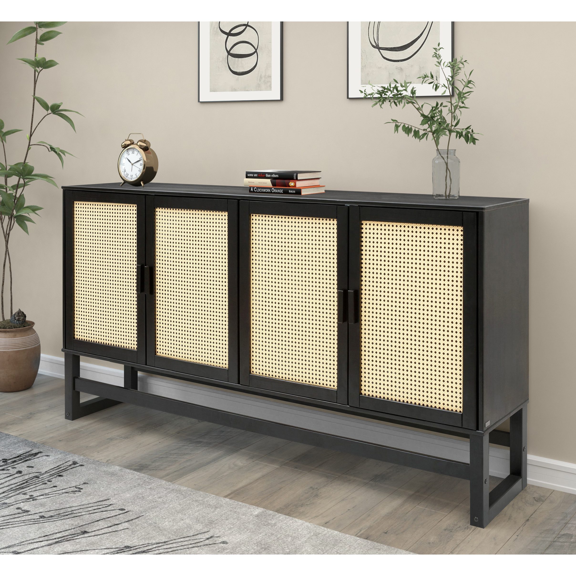 loft24 Sideboard Jenna - Anrichte Mehrzweckschrank Schrank Wohnzimmerschrank, 4 Türen mit Rattangeflecht, moderner Landhausstil, Breite 170 cm – Bild 5 von 5