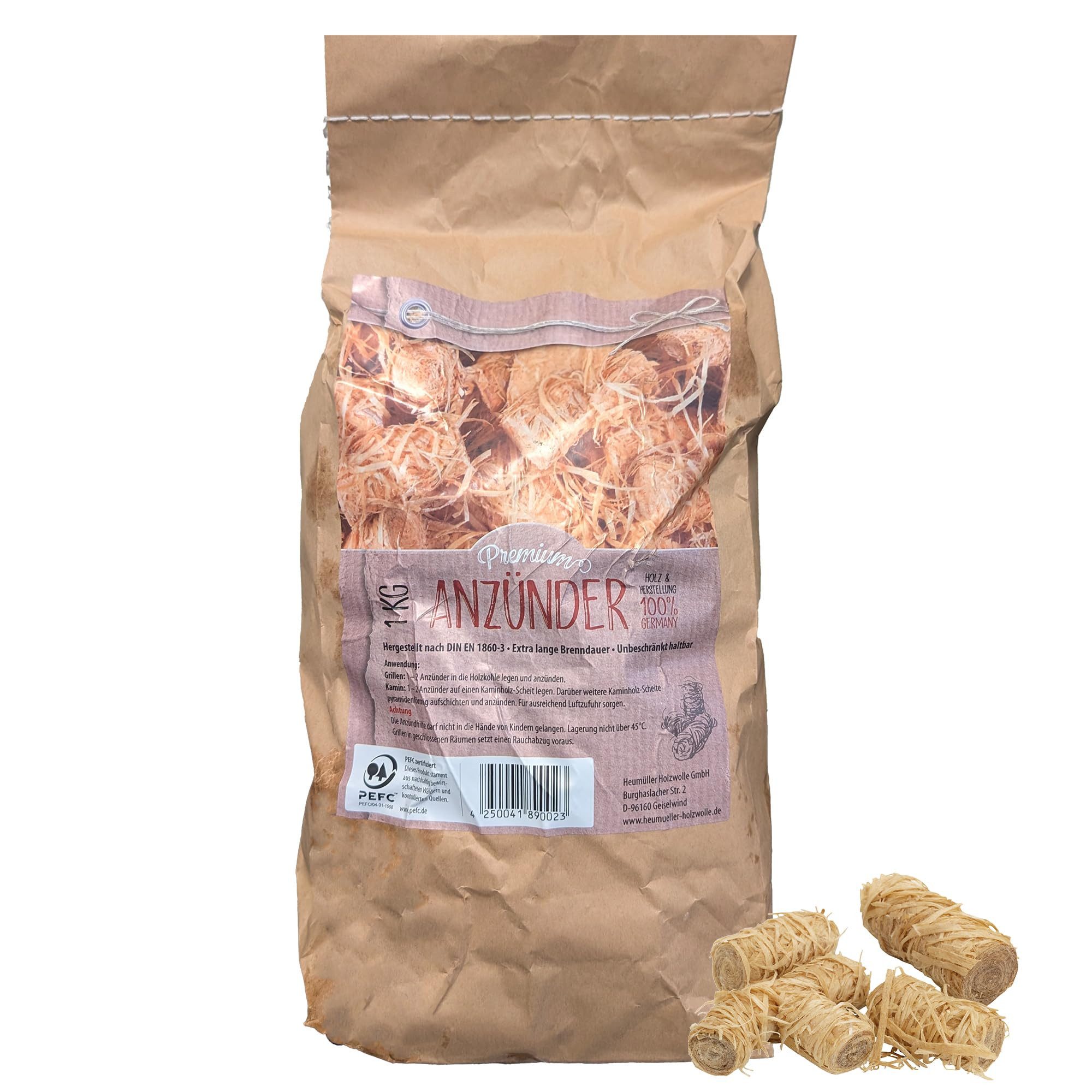 com-four Grillanzünder Holzwolle Anzünder - ökologische Kaminanzünder mit langer Brenndauer, 1 kg, geruchsneutrales Anzünden für Kamin, Grill und Feuerstellen