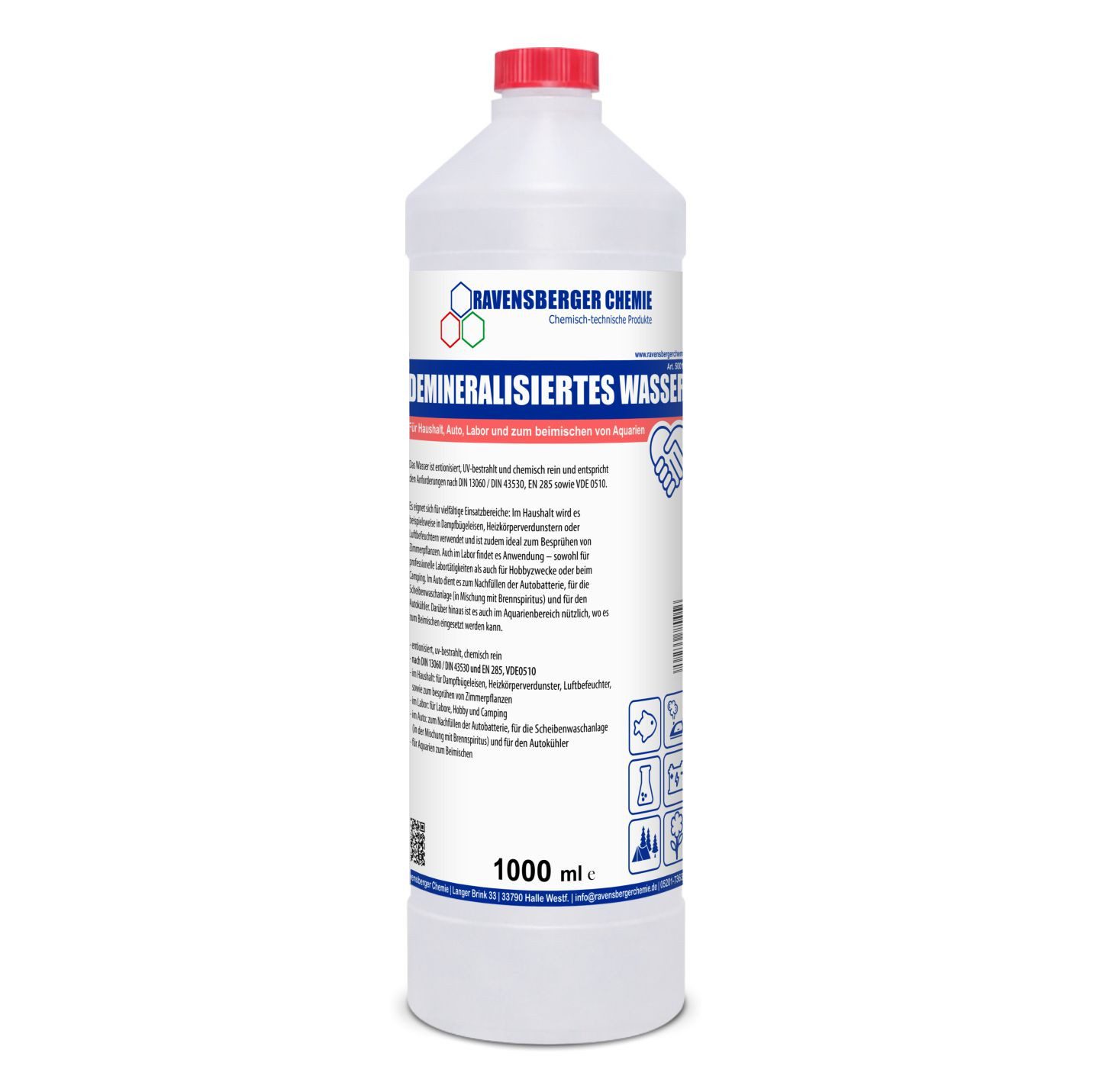 Ravensberger Chemie Bügelwasser VE-Wasser Demineralisiertes Wasser - 1 L, 1 Liter Flasche von Ravensberger Chemie - demineralisiert & entionisiert, kalkfrei für Auto, Batterie, Haushalt, Dampfbügeleisen und Labor