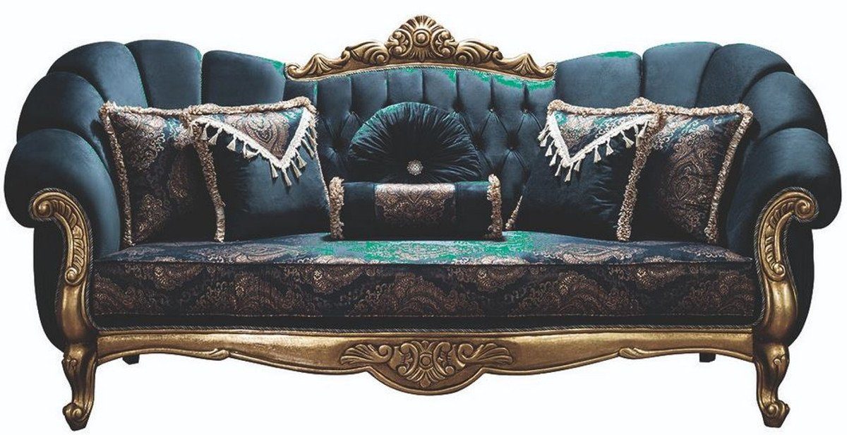 Casa Padrino Sofa Luxus Barock Sofa Blau / Gold 220 x 90 x H. 110 cm - Prunkvolles Wohnzimmer Sofa mit Glitzersteinen und dekorativen Kissen