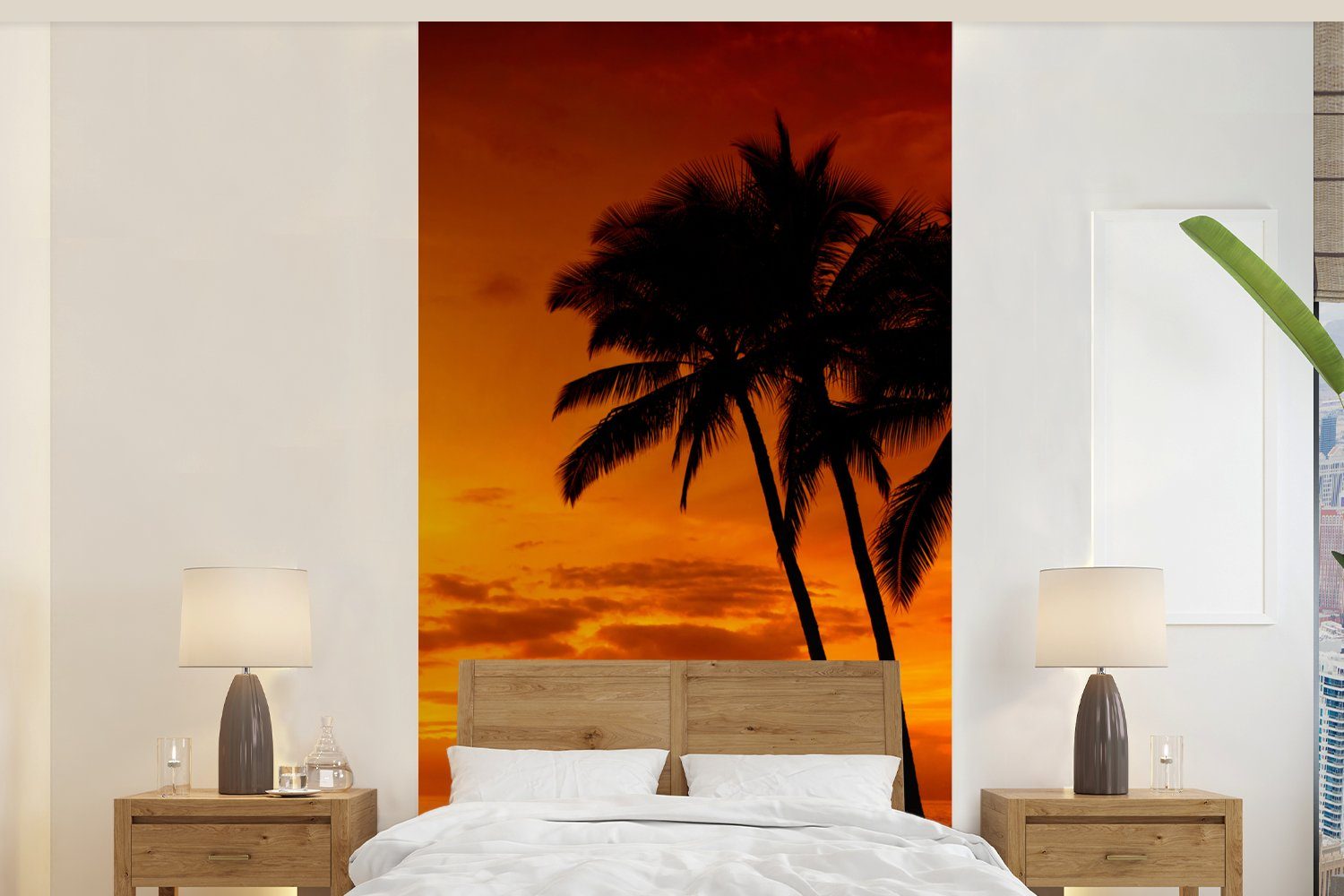 MuchoWow Fototapete Palme - Sonnenuntergang - Tropisch - Orange - Meer, Matt, bedruckt, (2 St), Vliestapete für Wohnzimmer Schlafzimmer Küche, Fototapete