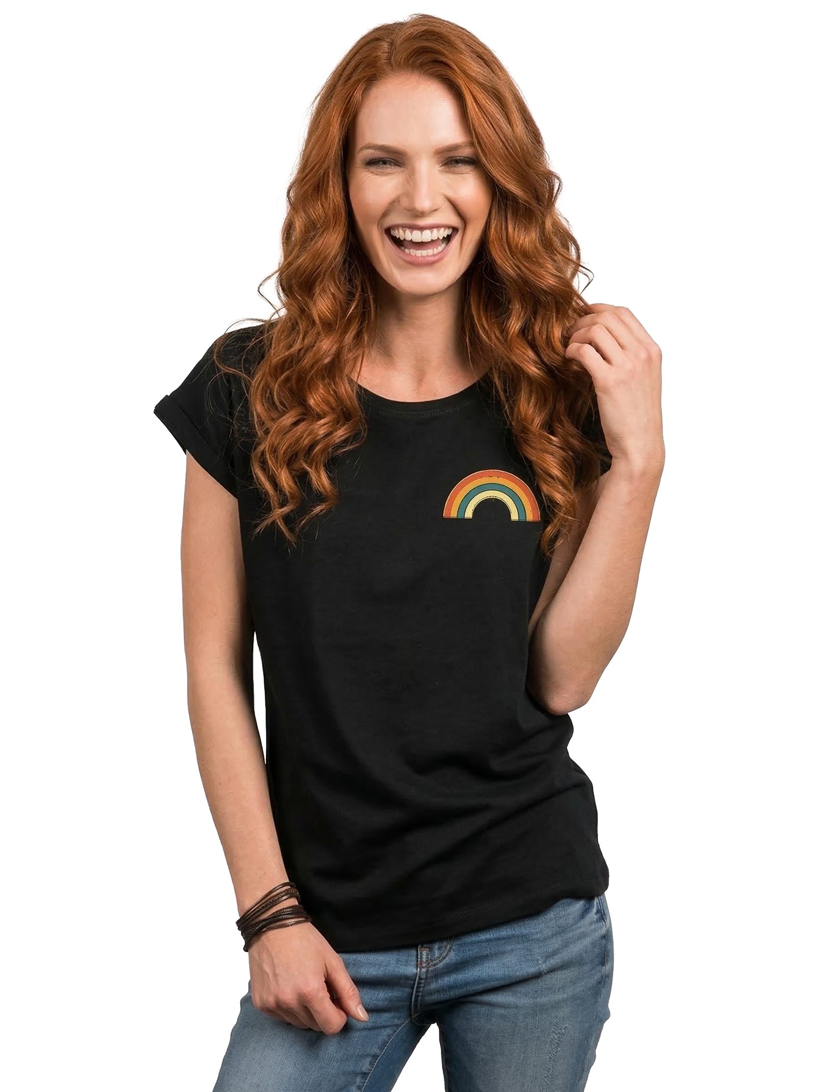 MAKAYA T-Shirt mit Regenbogen Damen Top Rainbow Sommer Tunika Stylisch Elegant (Schwarz, Blau, Grau, Grün, Rosa, Weiß, 36, 38, 40, 42, 44, 46, 48, 50) Baumwolle