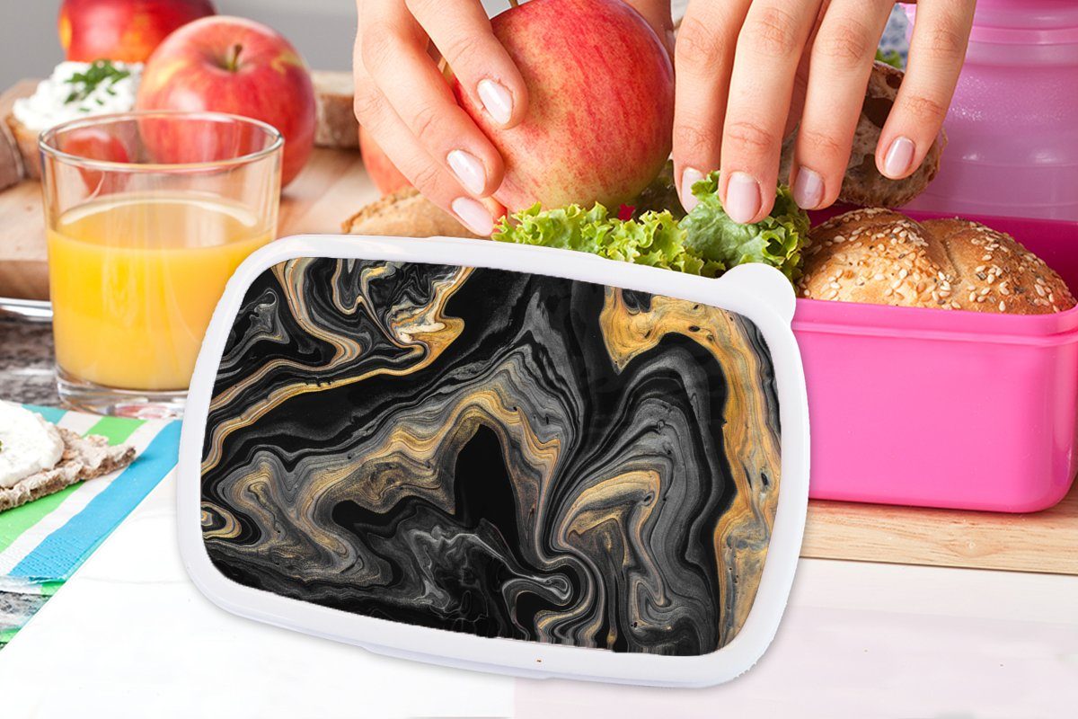 Lunchbox - Acryl Abstrakt, MuchoWow Brotbox rosa Erwachsene, Kunststoff Luxus (2-tlg), für - Kinder, - Kunststoff, Mädchen, - Brotdose Gold Snackbox, Marmor
