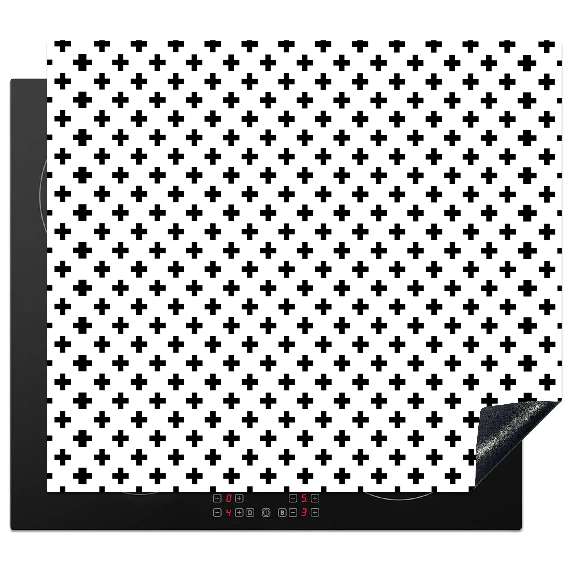 MuchoWow Herdblende-/Abdeckplatte Design - Linie - Muster - Schwarz - Weiß, Vinyl, (1 tlg), 59x51 cm, Induktionsschutz, Induktionskochfeld, Ceranfeldabdeckung