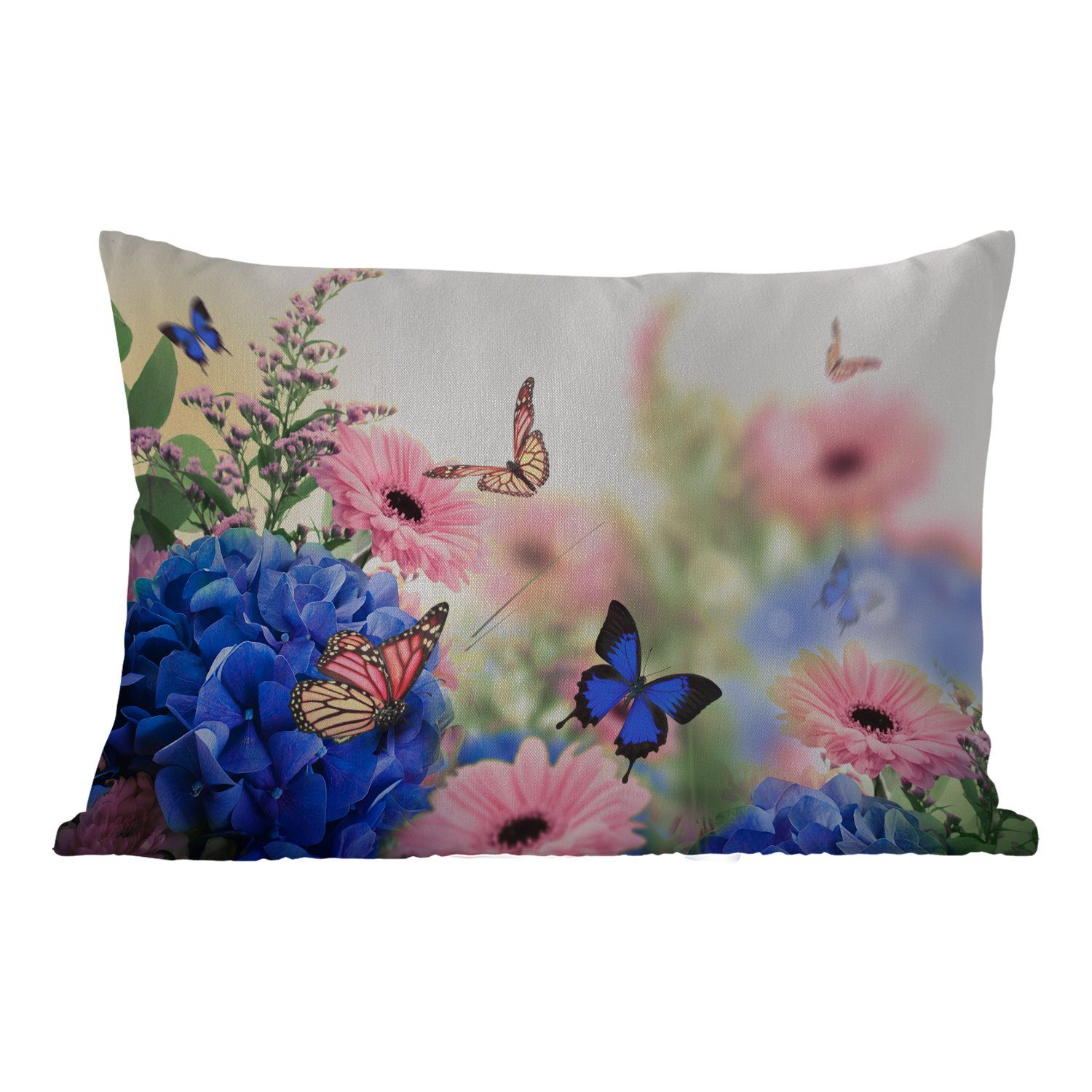 Hortensien Kissenhülle Insekten, MuchoWow - - Schmetterlinge - Polyester, Dekokissenbezug, Blumen Outdoor-Dekorationskissen, Dekokissen