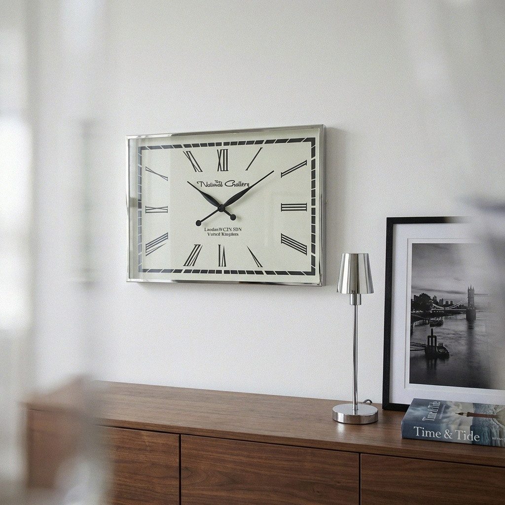 Antikas Wanddekoobjekt Wanduhr aus Nickel und Glas, weiß, rechteckig, römische Ziffern, L.61