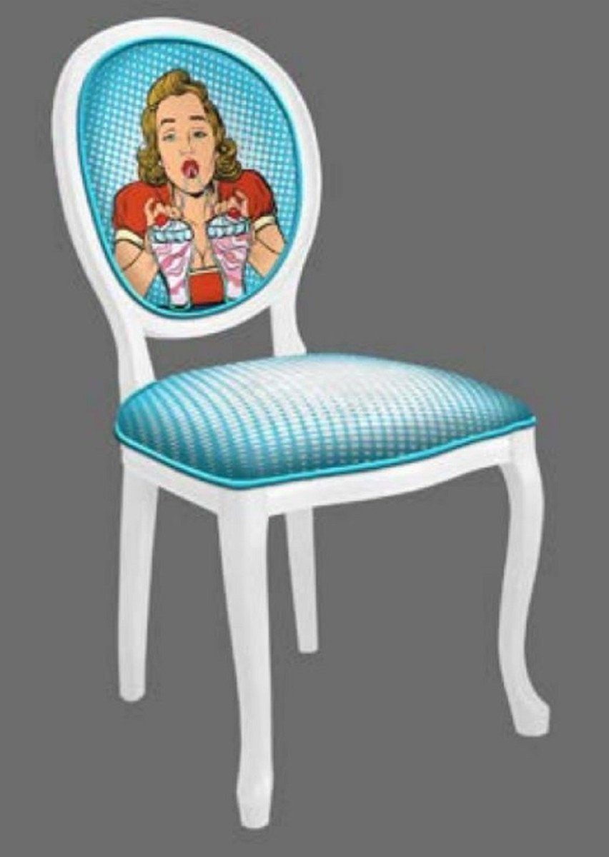 Casa Padrino Esszimmerstuhl Barock Esszimmerstuhl Blau / Mehrfarbig / Weiß - Handgefertigter Antik Stil Stuhl - Esszimmer Möbel im Barockstil