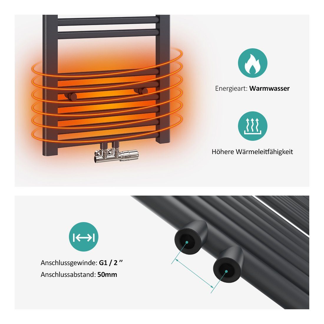Badheizkörper Mittelanschluss, 100x50cm Badheizkörper Handtuchwärmer Heizkörper EMKE Anthrazit EMKE Handtuchtrockner Bad