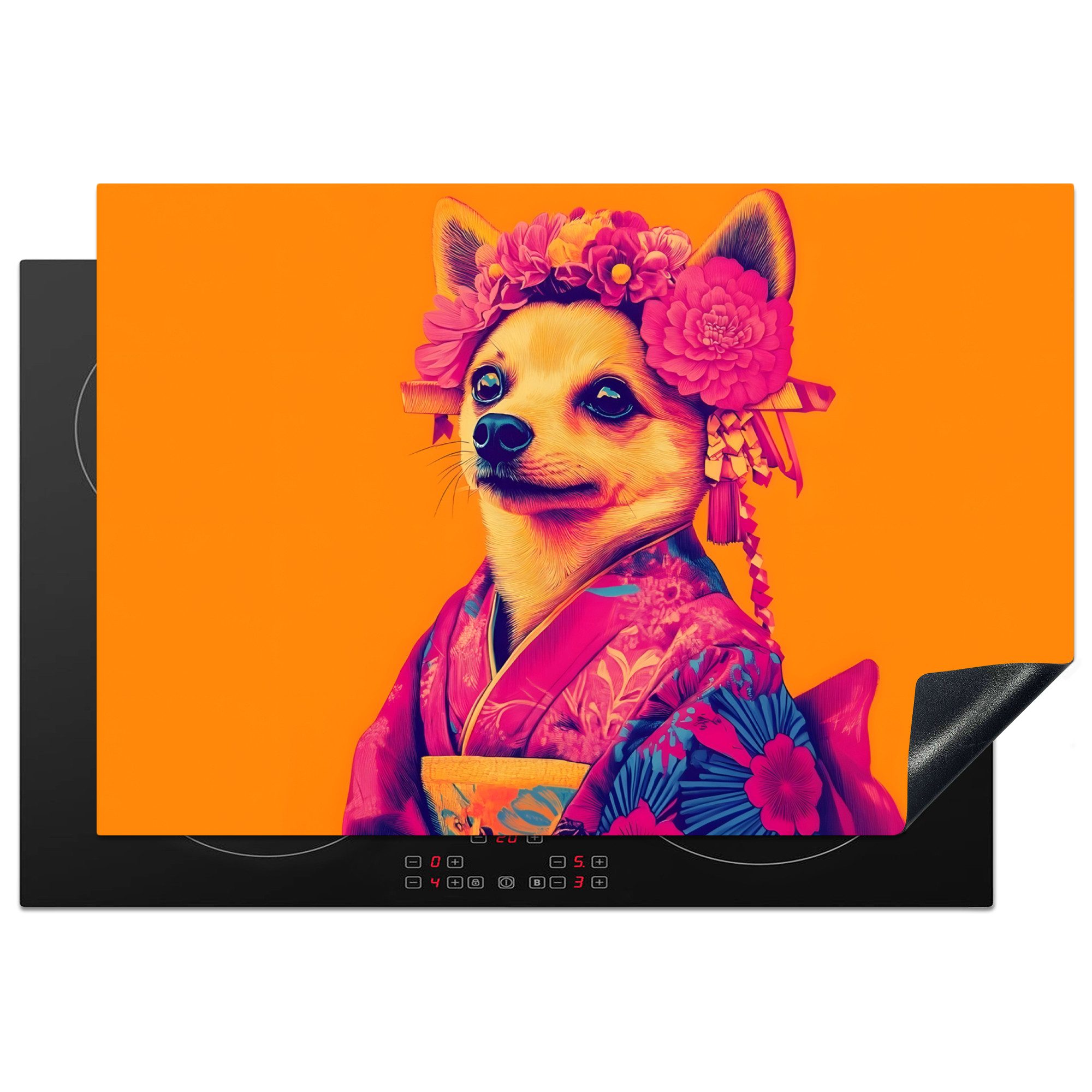 MuchoWow Herd-Abdeckplatte Kimono - Hündchen - Blumenkrone - Orange, Vinyl, (1 tlg), Induktion Schutzmatte, Induktionsherd Abdeckung, 74x48 cm