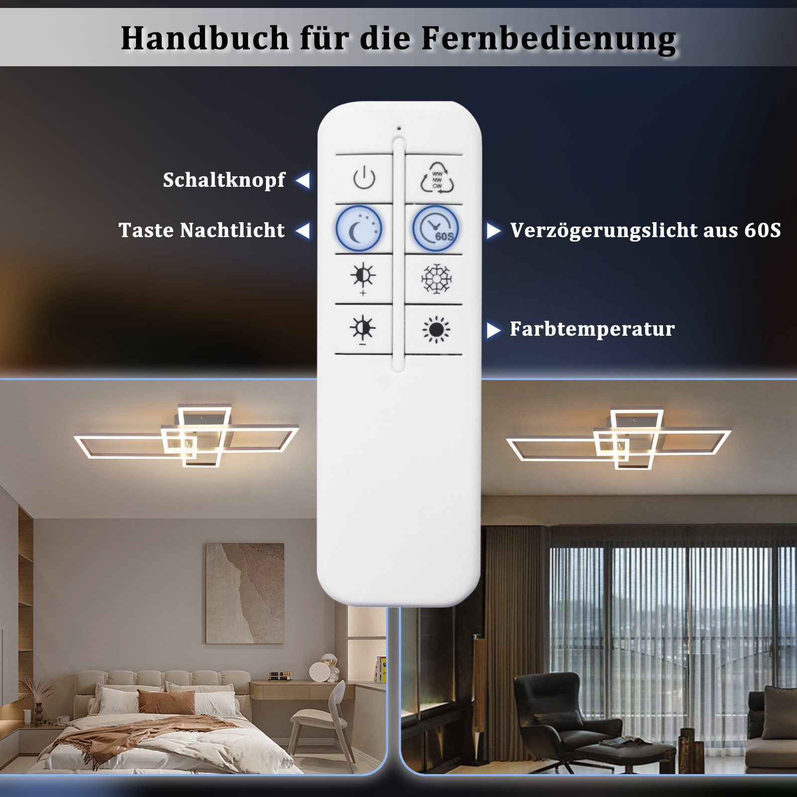 Nettlife LED Deckenleuchte Schlafzimmer Silber Dimmbar 64CM 36W Geometrisch Wohnzimmer, mit Fernbedienung, LED fest integriert, Farbwechsler, 3000K-6500K mit Fernbedienung für Flur Schlafzimmer Hotelzimmer