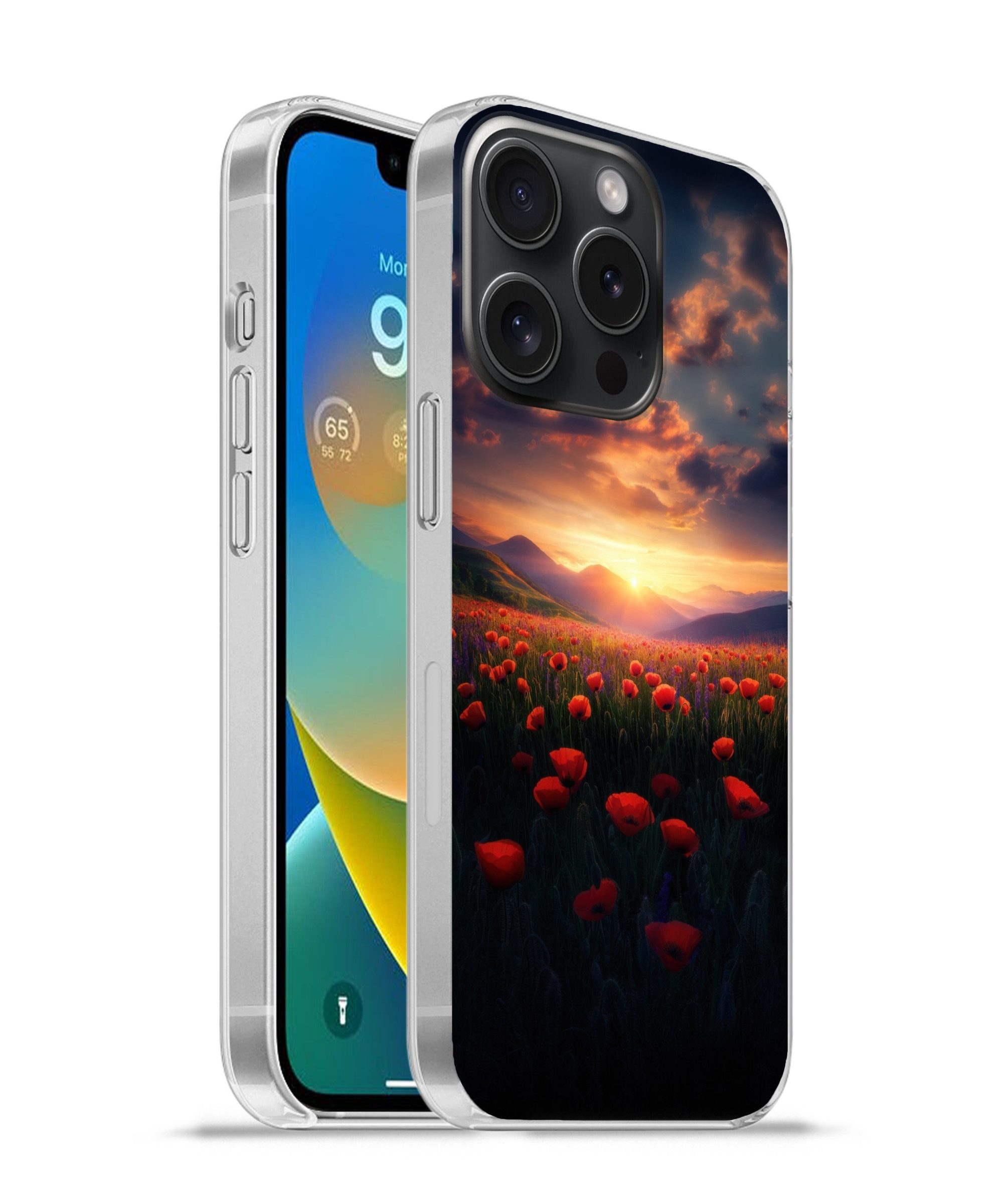 MuchoWow Handyhülle für Apple iPhone 15 Pro Landschaft - Sonnenuntergang - Blumenfeld, Smartphone-Bumper, Print, Handy Schutzhülle Dünn