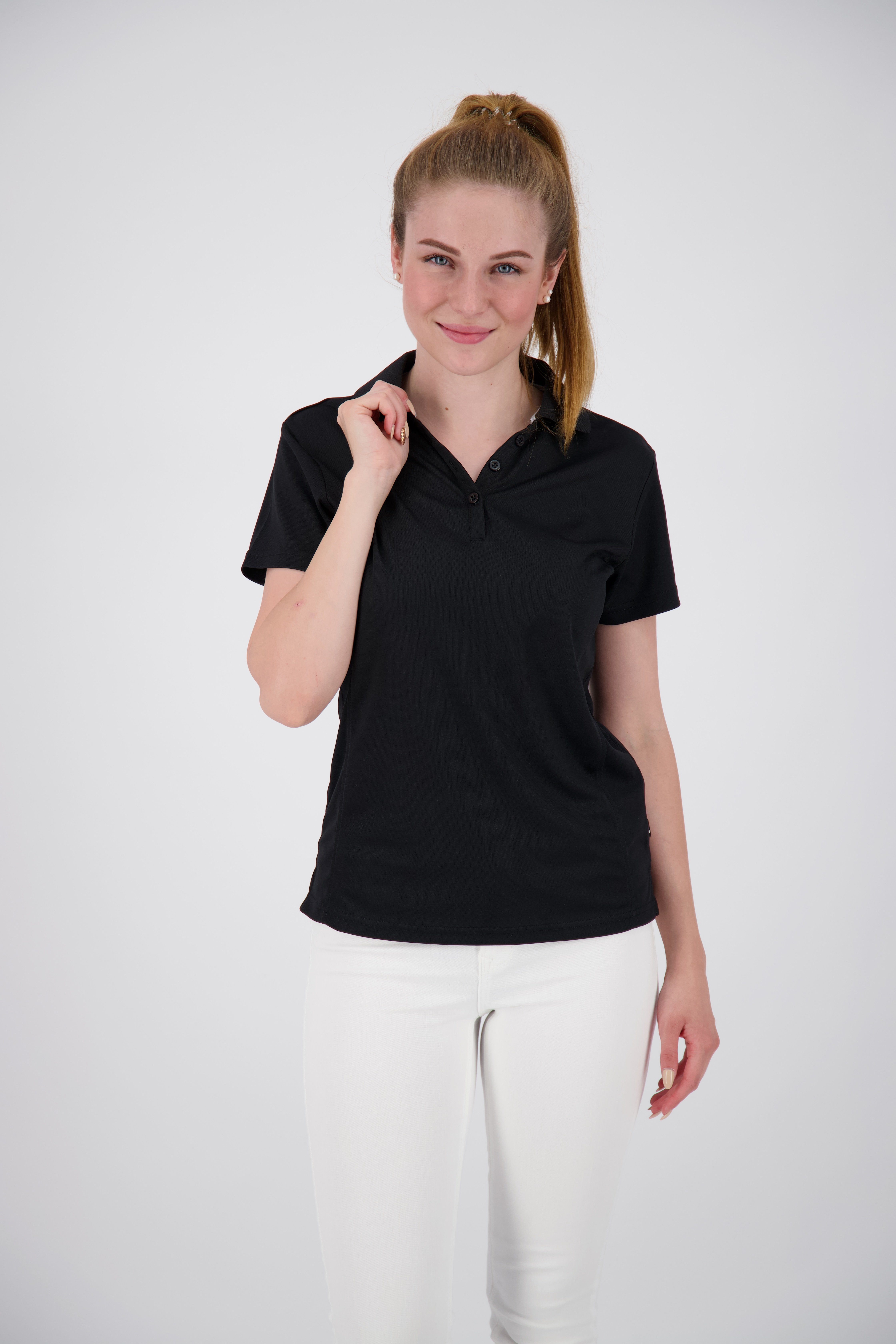 WOMEN Recycling DEPROC Poloshirt Active HEDLEY 3F-Funktions-Piqué aus Kunstfaser NEW black 100% II