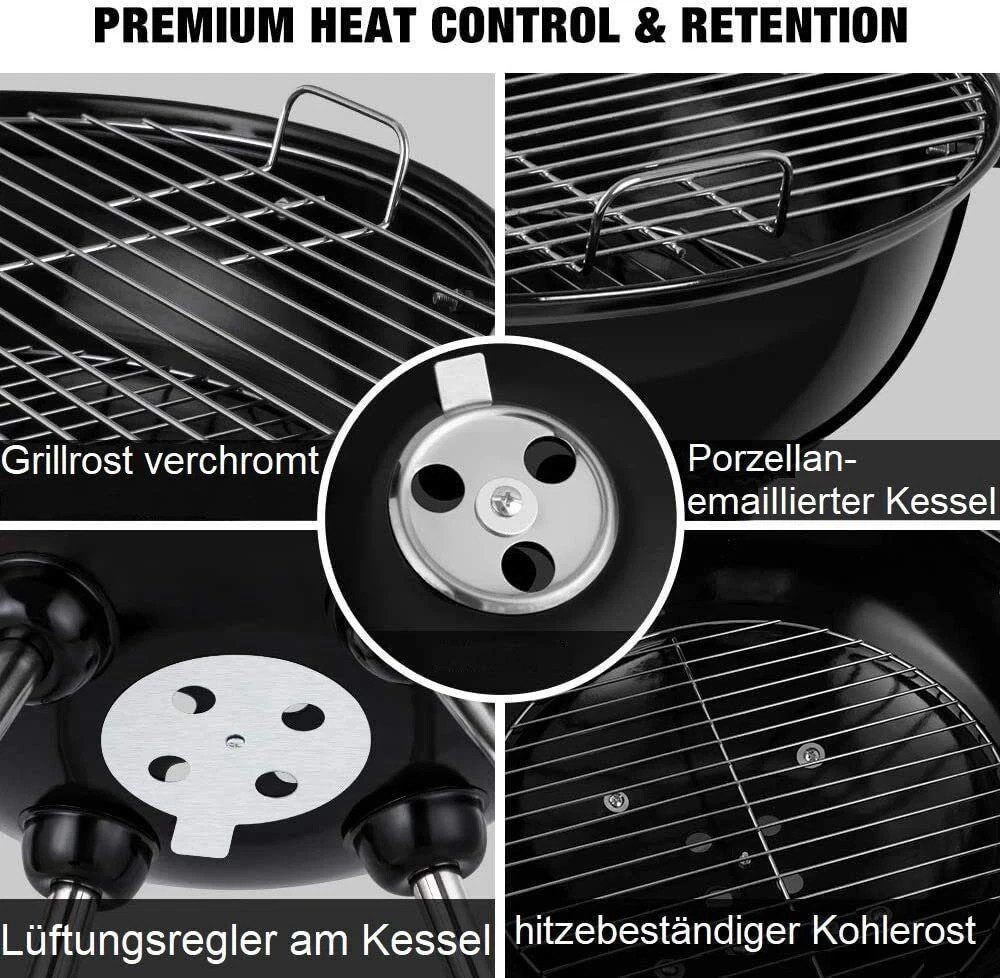 JUNG Holzkohlegrill 44 Cm,Grill Holzkohle, Kugelgrill mit Deckel,Outdoor, Ergonomische Arbeitshöhe . Leicht transportierbar