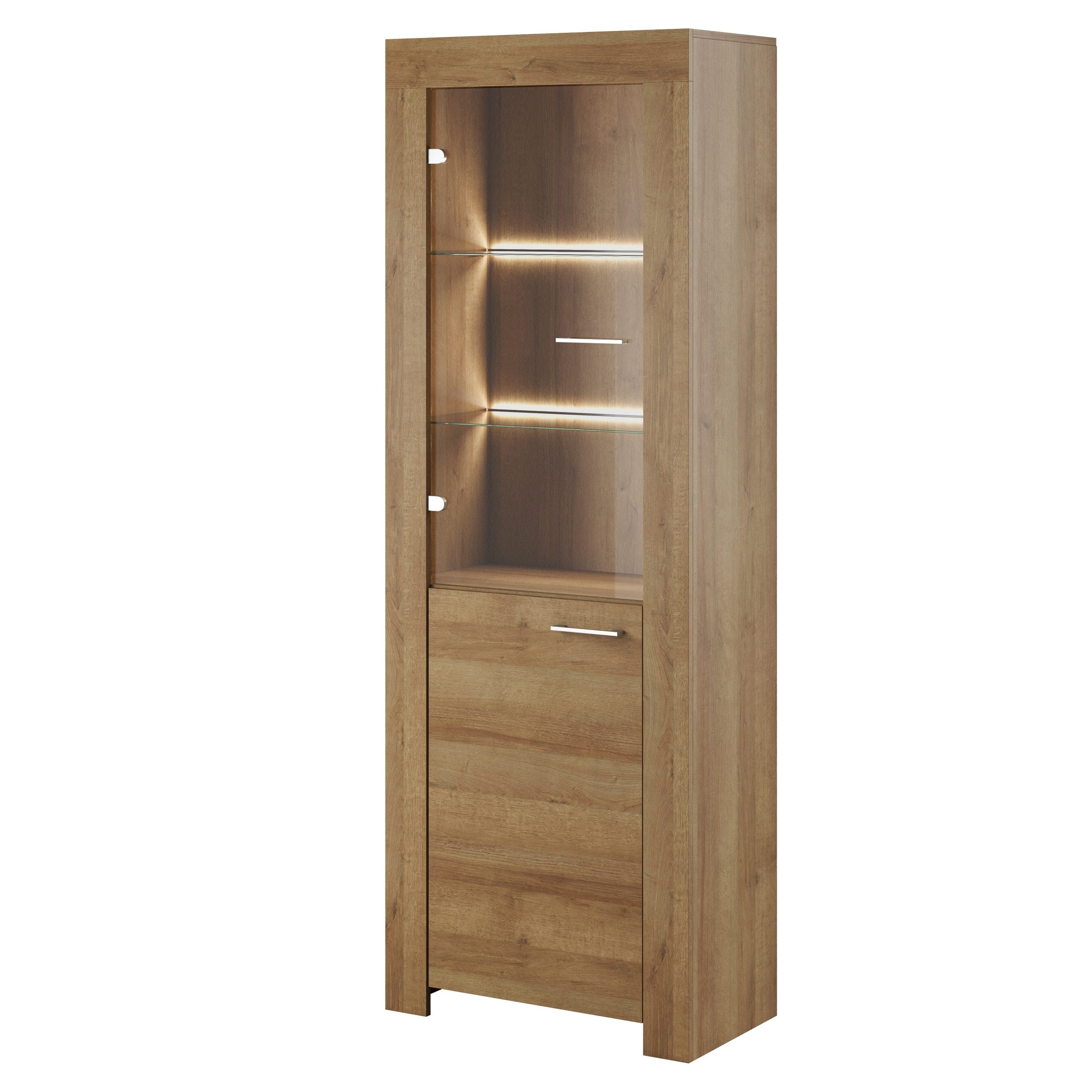 Masseno Glasvitrine CIELO 197 x 70 cm Vitrine Vitrinenschrank mit 1 Türen Eichefarben