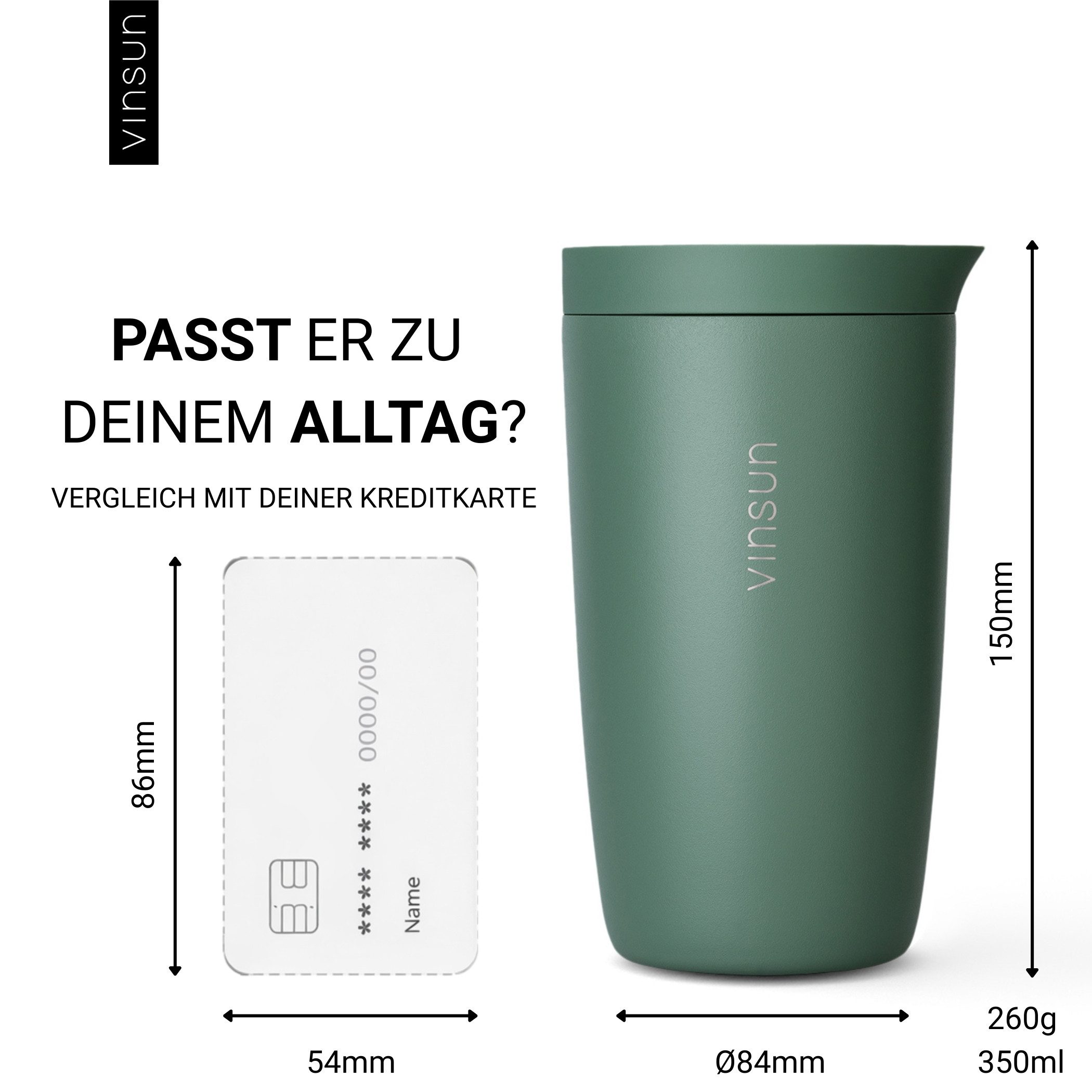 Vinsun Thermobecher Edelstahl Isolierbecher 350ml - Kaffeebecher to Go auslaufsicher, 2-tlg., Edelstahl, Doppelwandig, BPA frei, bruchfest, Einhandbedienung per – Bild 5 von 5