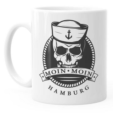 MoonWorks Tasse Kaffee-Tasse Becher Totenkopf Matrose Anker Motiv Skull Emblem Schriftzug Moin Moin Hamburg Moonworks®, Keramik