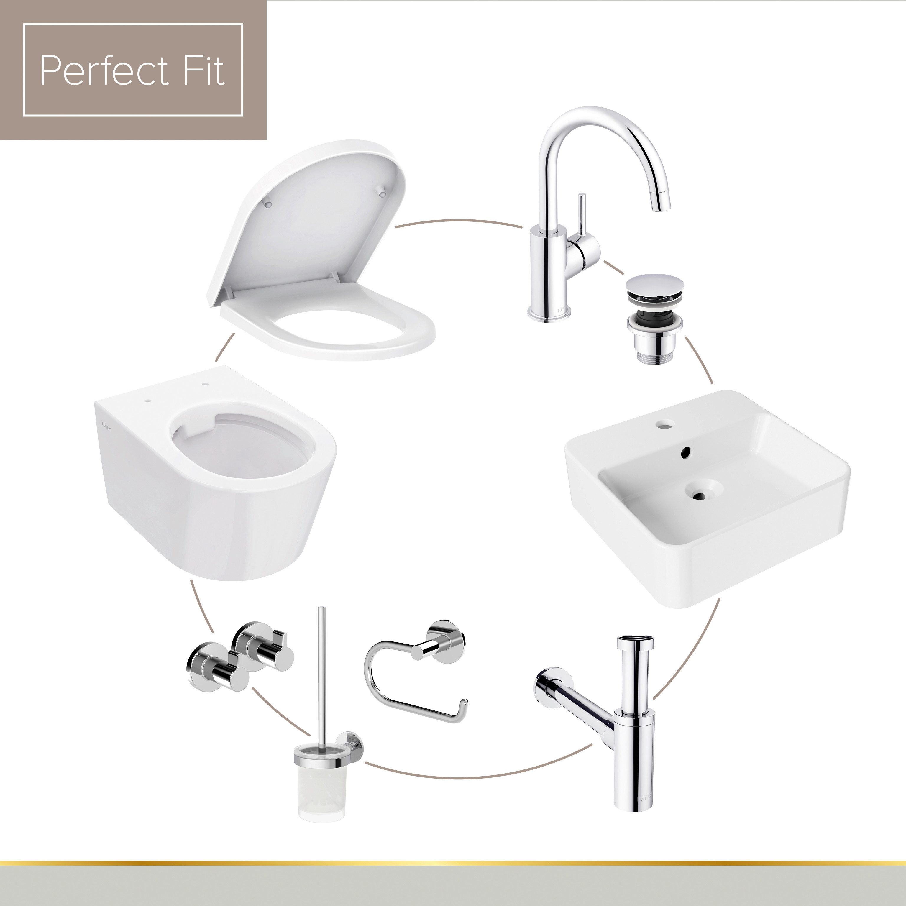 Lenz WC-Komplettset PERFECT FIT Gästebad, WC, Waschbecken, Armatur, Accessoires, Siphon, wandhängend, (Gäste-Bad-Set Komplettes Gästebad als Set), 8-teiliges Bad-Set