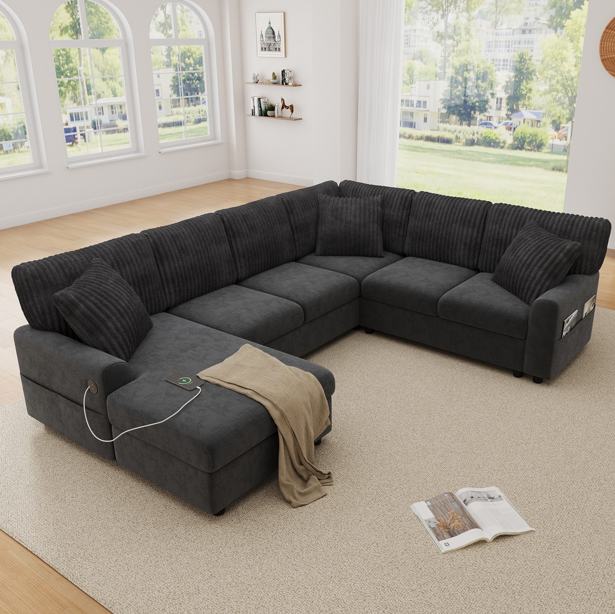 OKWISH Sofa Ecksofa, U-Form Wohnlandschaft 249x196x83 cm, Loungesofa mit Longchair, USB- und Type-C-Anschluss, 3 Kissen und praktischen Seitentaschen fur Magazine