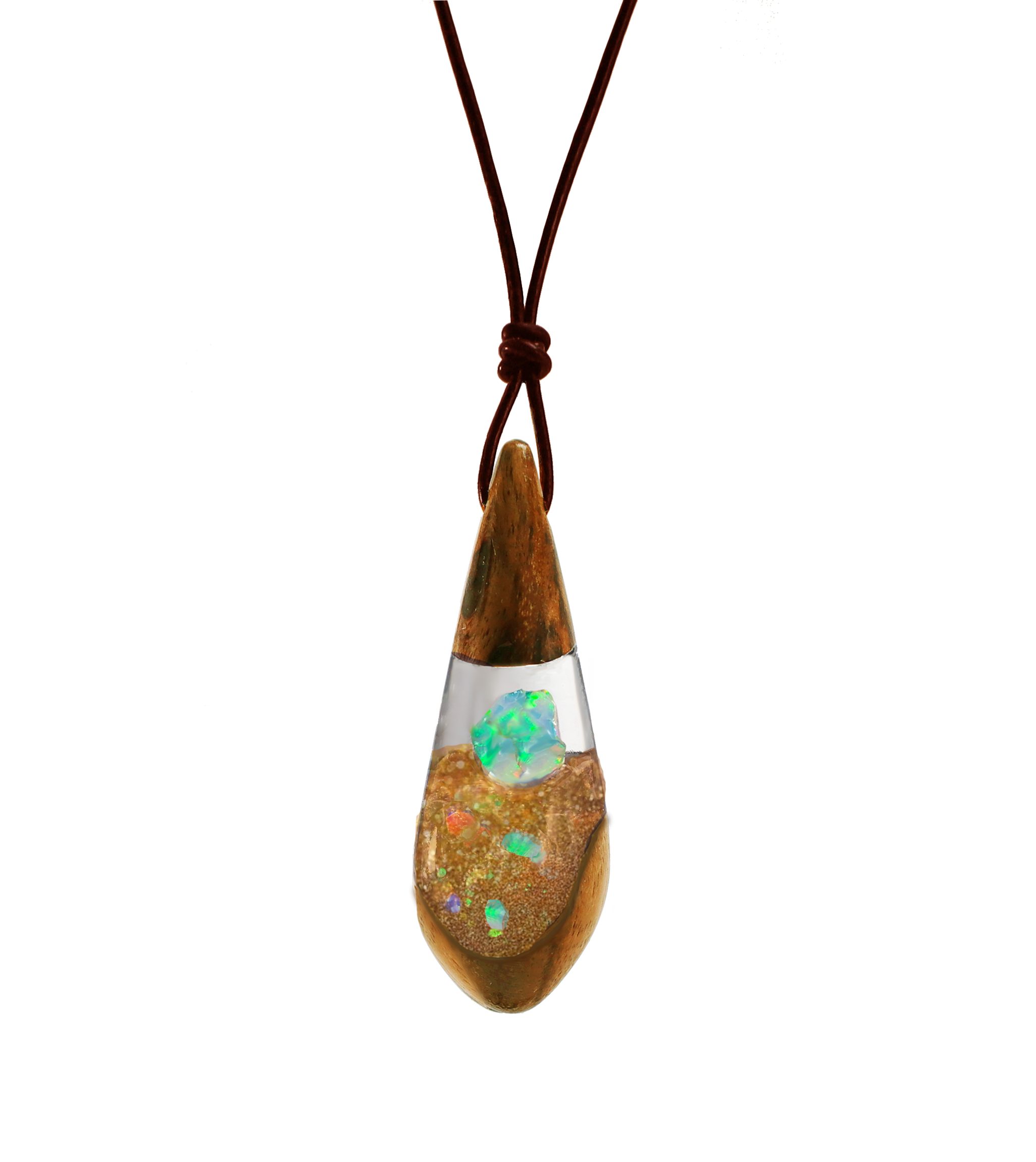 Edellis Kette mit Anhänger Kette mit Anhänger in Tropfenform aus Akazienholz & weißem Welo-Opal