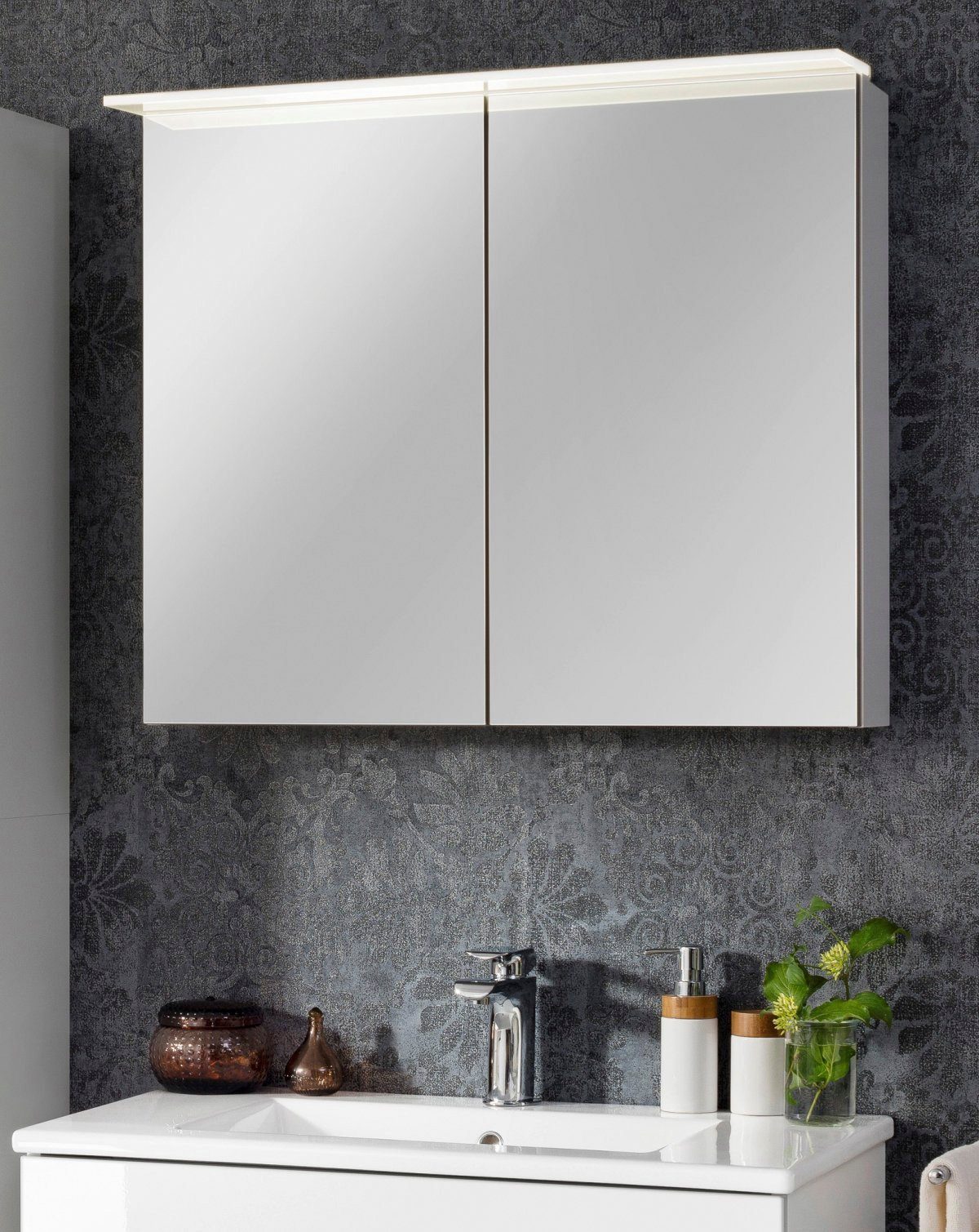 Badmöbel 2 Spiegelschrank verspiegelt Türen - cm, mit FACKELMANN 80 80 doppelseitig Breite PE weiß