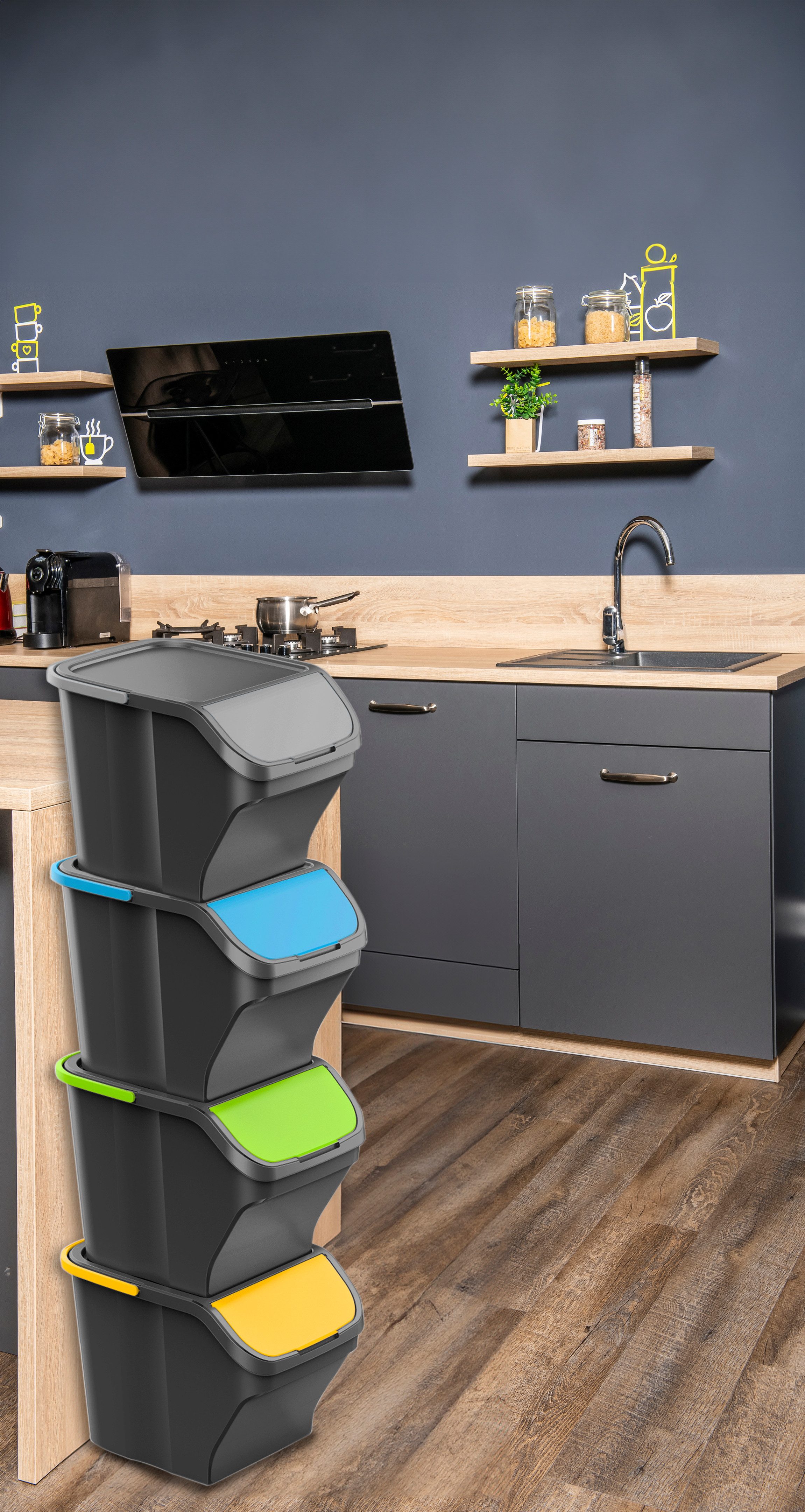 Gardissimo Mülltrennsystem Stack 4 tlg. Mülleimer Mülltrenner Abfalleimer 100 Liter, 4 Eimer mit je 25 Liter Fassungsvermögen