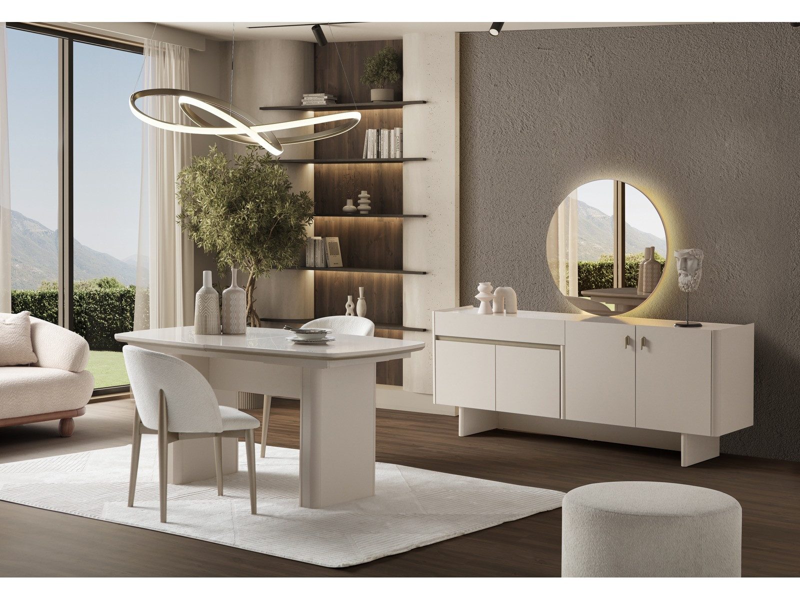 Villa Möbel Esszimmer-Set Alaska, (Esszimmer-Set, 8-St., Esstisch, Sideboard und 6 Stühle), Beige Esszimmer Set mit Bouclé Stühlen bequem und wohnlich