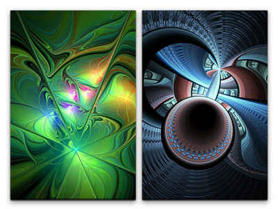 Sinus Art Leinwandbild 2 Bilder je 60x90cm Abstrakt Fraktal Wellen Schwingungen Gerendert Computer Universum