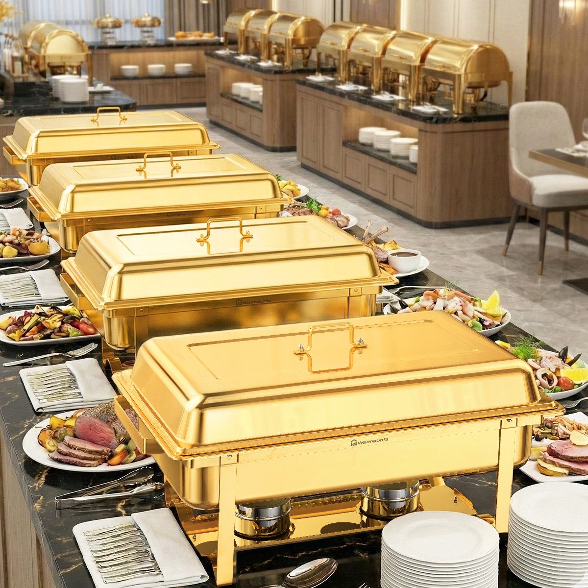 Warmounts Speisenwärmer, (4-tlg., 10L Luxus Buffetwärmer Chafing Dish Buffet Warmhalter-Set Edelstahl), GN 1/1, stapelbar, mit Deckelhalter für Catering & Party