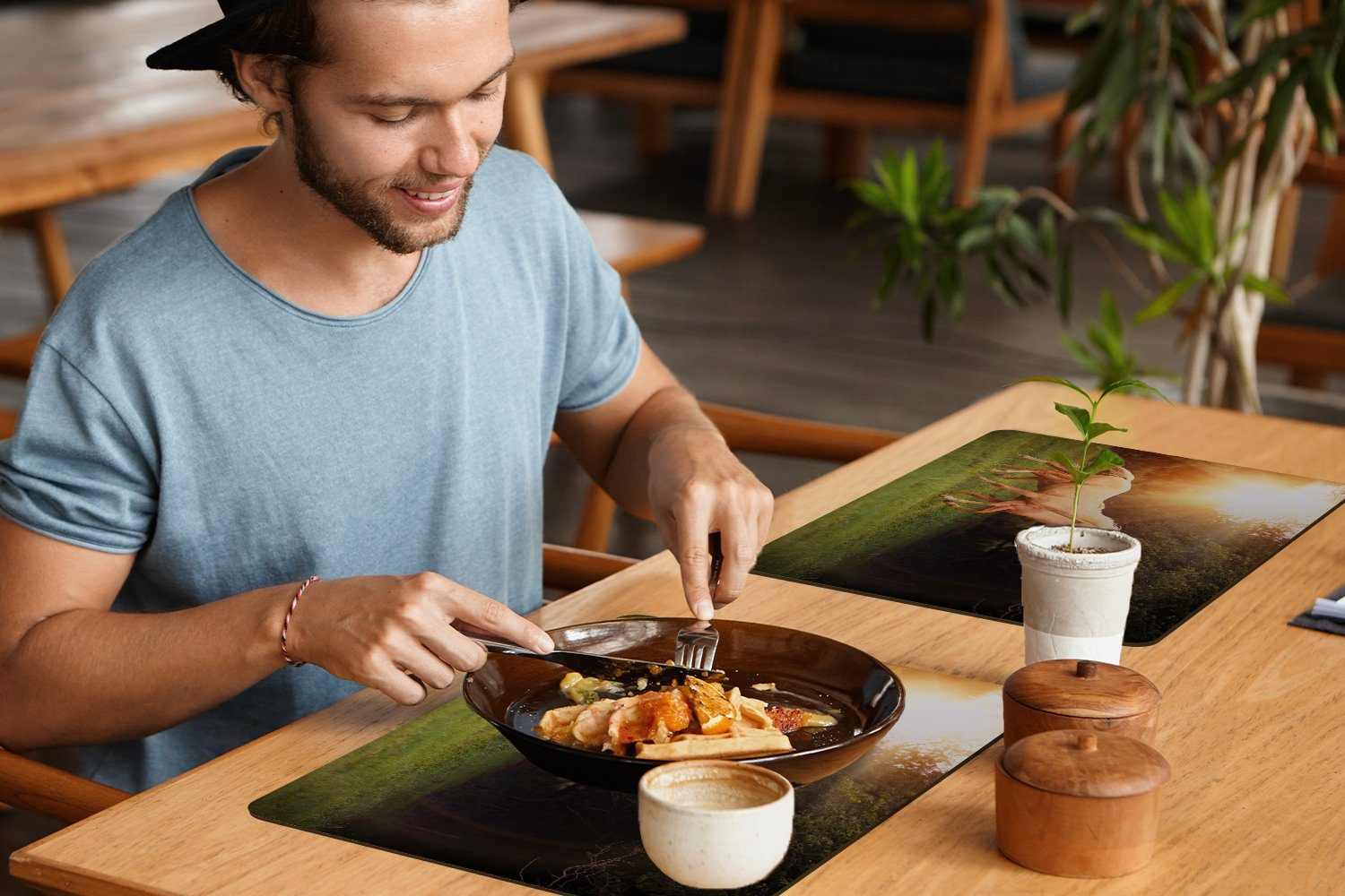 Tischmatten, Schmutzabweisend Platzset, Pferde - Platzset, - (6-St), Platzmatte, Wald Sonne, MuchoWow, Platzdecken,