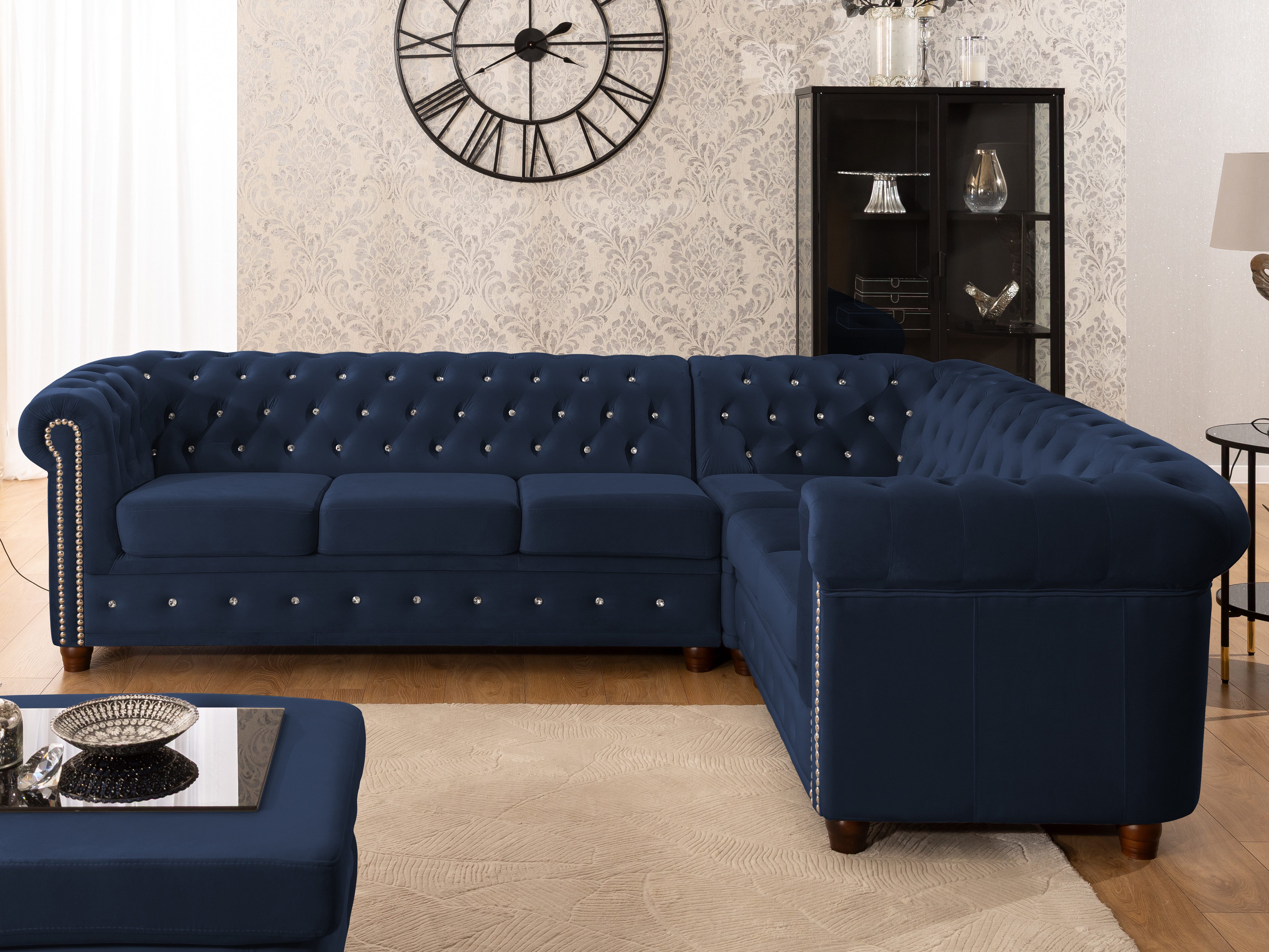 S-Style Möbel Ecksofa Chesterfield L-Form Cleo Blink aus Samt mit Kristallsteppung, mit Wellenfederung