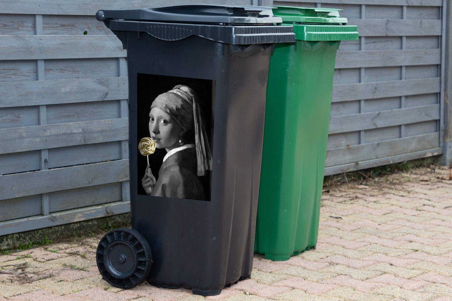 Vermeer Mülltonne, Johannes Container, Lollipop Gold - MuchoWow Sticker, einem St), mit Mädchen Mülleimer-aufkleber, Perlenohrring (1 Wandsticker - - Abfalbehälter