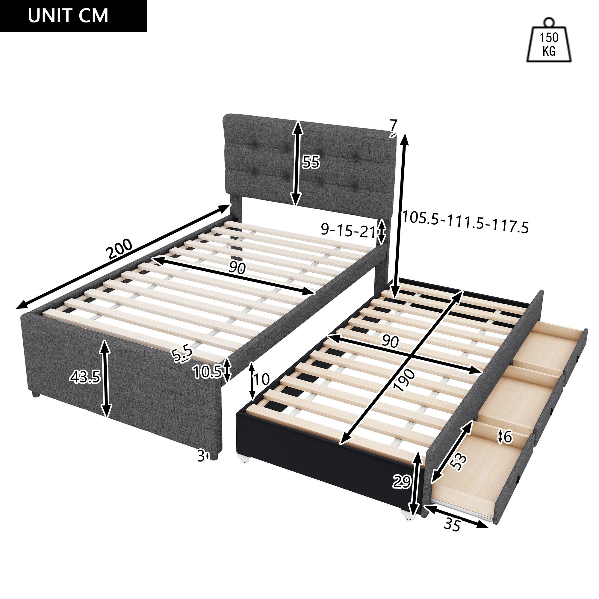 BlingBin Polsterbett Funktionsbett Jugendbett (1-tlg., mit drei Schubladen, Ausziehbares Rollbett, Verstellbares Kopfteil), 90x200cm(90x190cm),Ohne Matratze