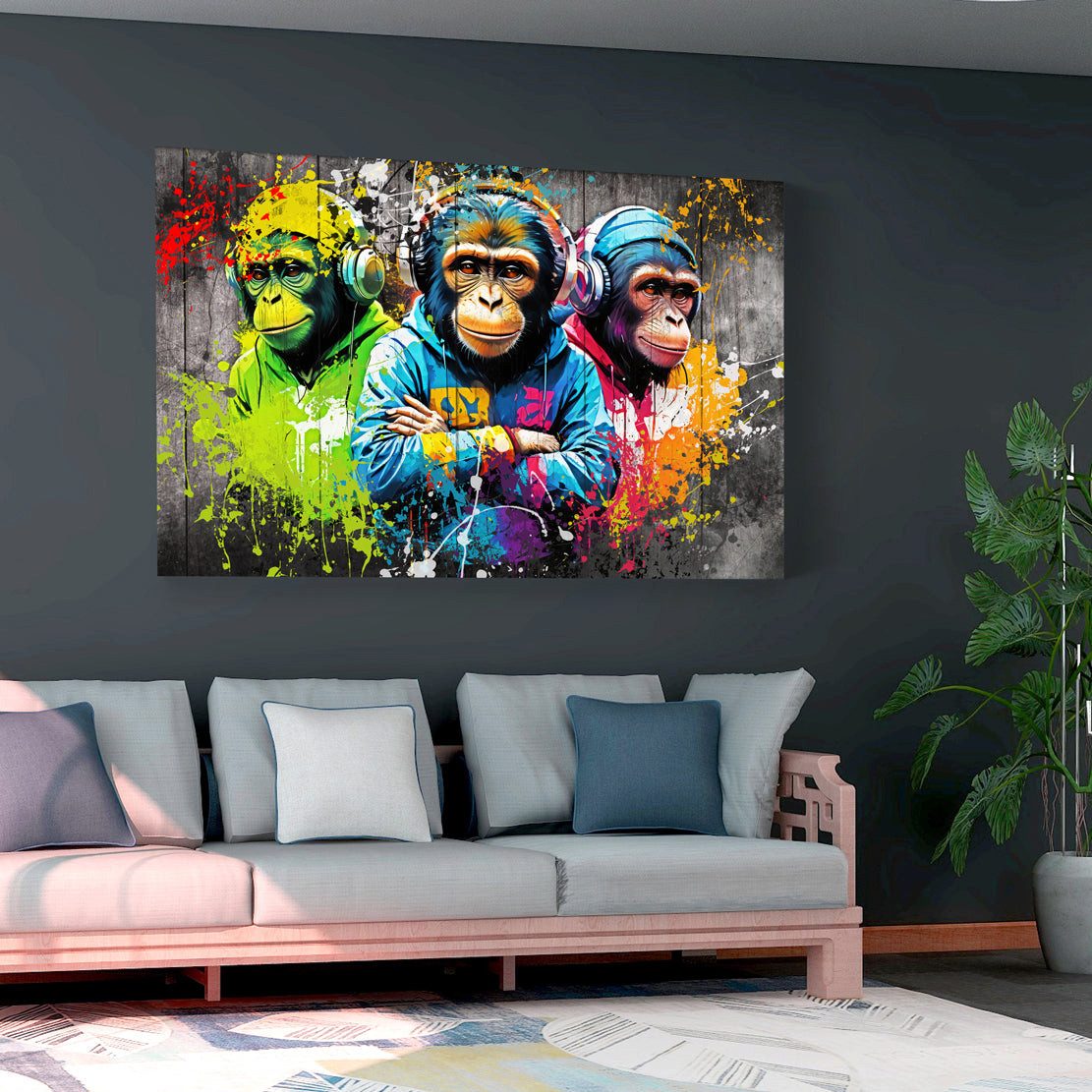 Artedinoi Leinwandbild Drei Affen mit Kopfhörern bunt Street Art Leinwandbild Wandbild XXL, Affen mit Kopfhörern