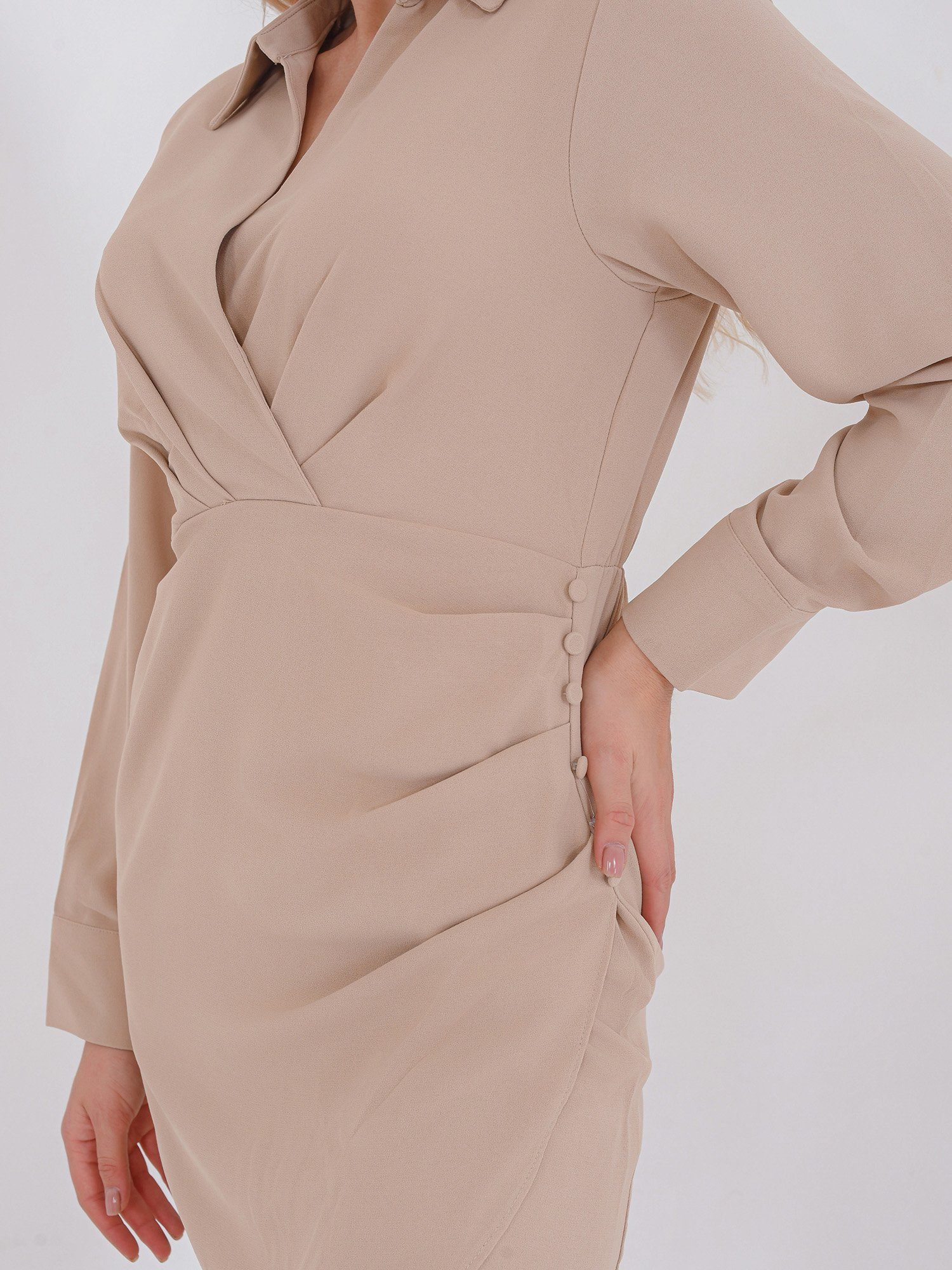 Beige Freshlions Wickel-Design 'MAGDA' Blusenkleid Kleid