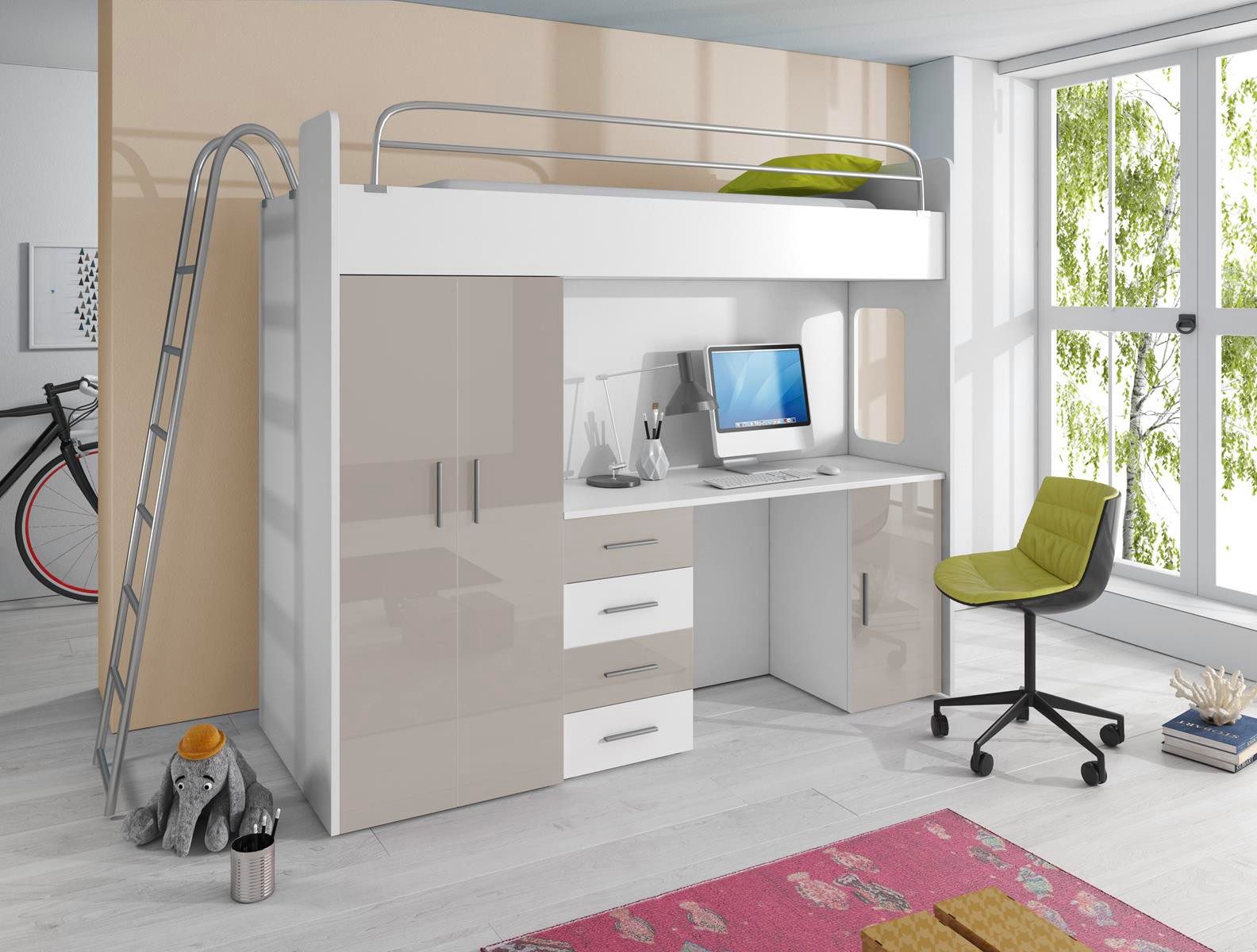 Jugendbett Hochbett mit einer Leiter, Kleiderschrank und Schreibtisch MOES