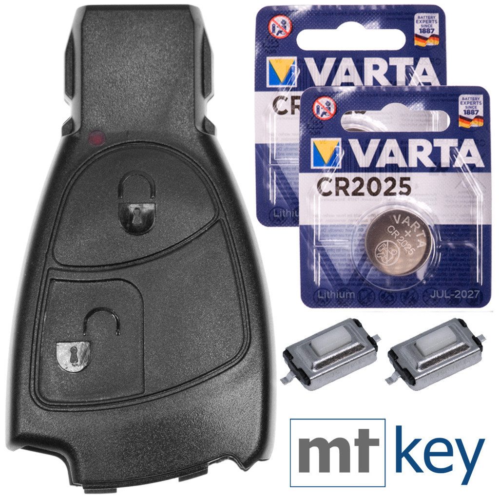 mt-key Auto Schlüssel Smartkey 2 Tasten + 2x Mikrotaster + 2x VARTA CR2025 Knopfzelle, CR2025 (3 V), für Mercedes W209 W169 W245 W203 R171 Funk Fernbedienung