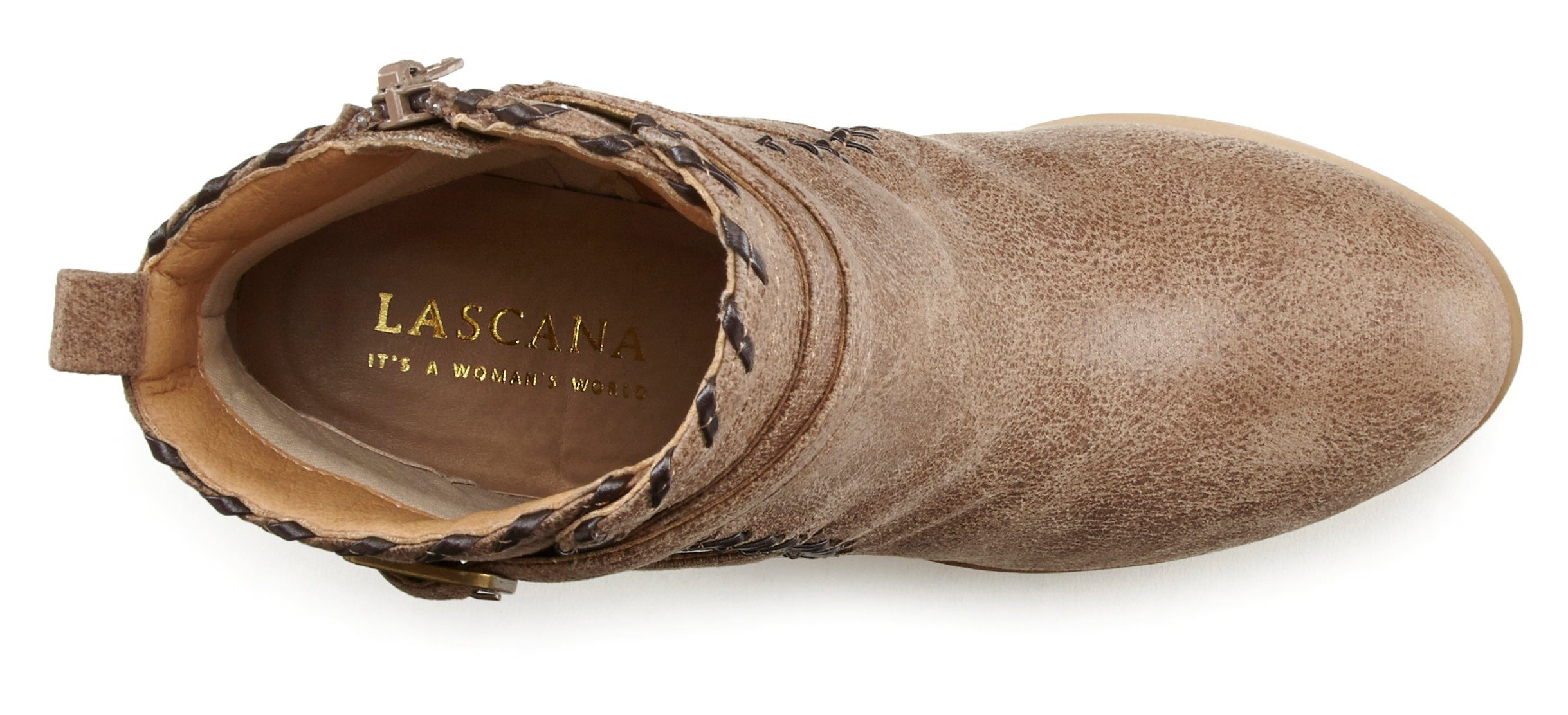 Vintage-Look im Boot, Stiefel mit LASCANA Ankle bequemen High-Heel-Stiefelette camelfarben Blockabsatz,