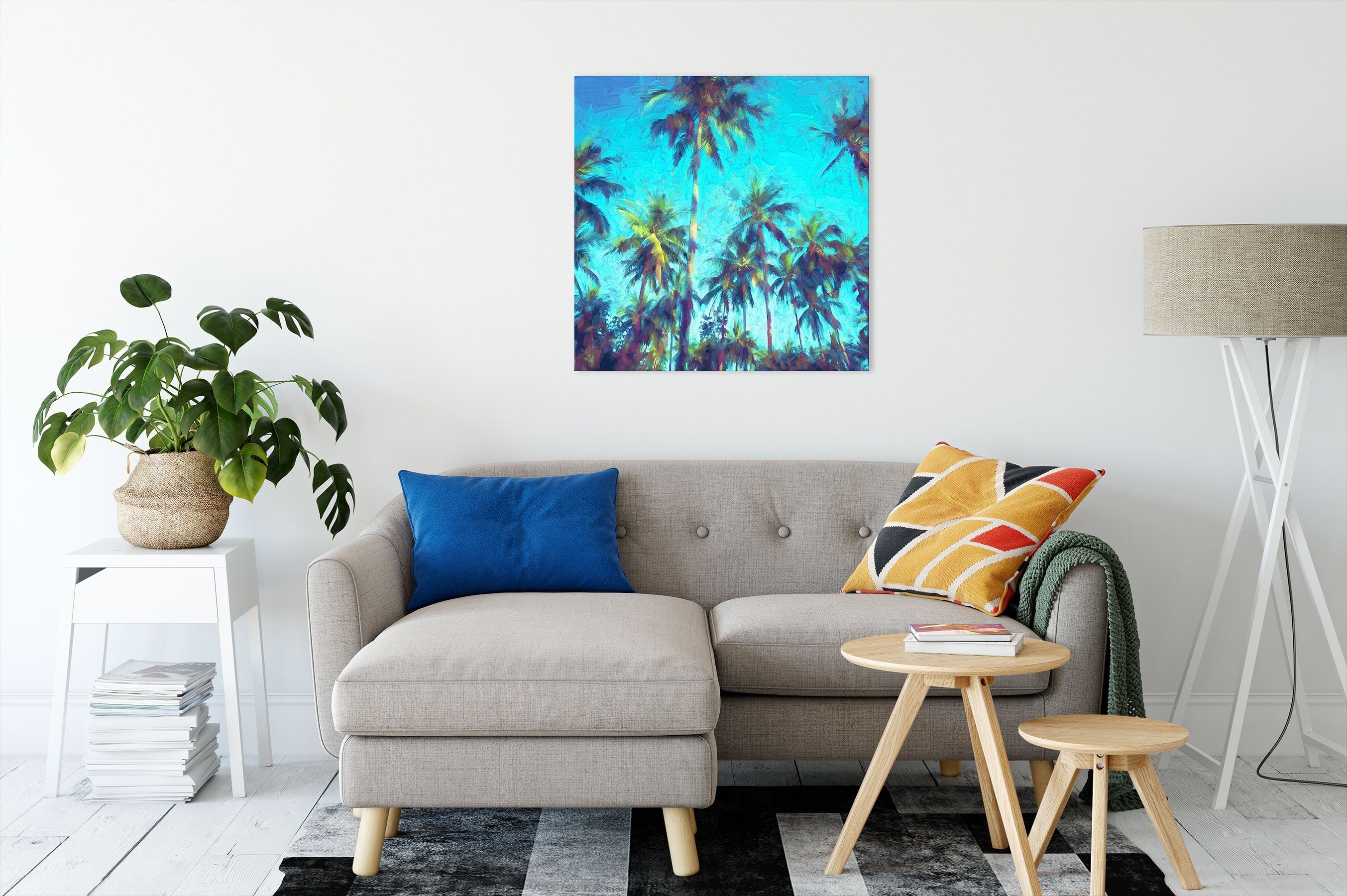 (1 St), fertig Tropische Kunst Leinwandbild Pixxprint Palmen inkl. bespannt, Palmen Leinwandbild Zackenaufhänger Kunst, Tropische