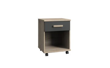 möbelando Jugendzimmer-Set Canton, (8-St), Modernes 8-teiliges Jugendzimmer aus Spanplatte in San Remo Eiche Nachbildung, Absetzungen in Graphit bestehend aus 1 Eck-Kleiderschrank, 1 Schreibtisch, 1 Rollcontainer, 1 Regal, 1 Kommode, 1 Garderobenpaneel, 1 Bettschubkasten-Set und 1 Bett. Individuelle Stellmöglichkeit