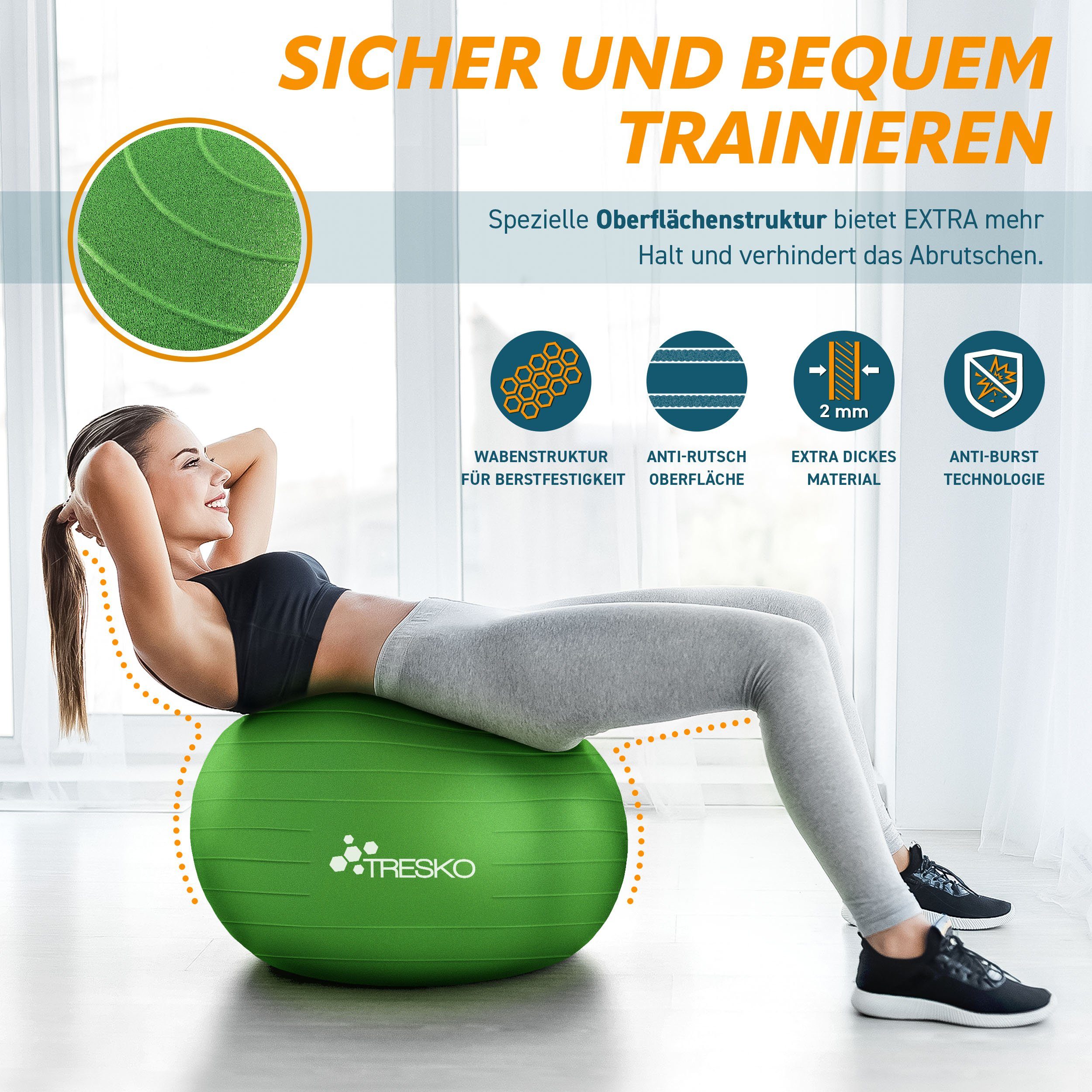 TRESKO Gymnastikball mit GRATIS Übungsposter inkl. Luftpumpe Yogaball, BPA-Frei Sitzball Büro Anti-Burst inkl. Luftpumpe, Fitnessball