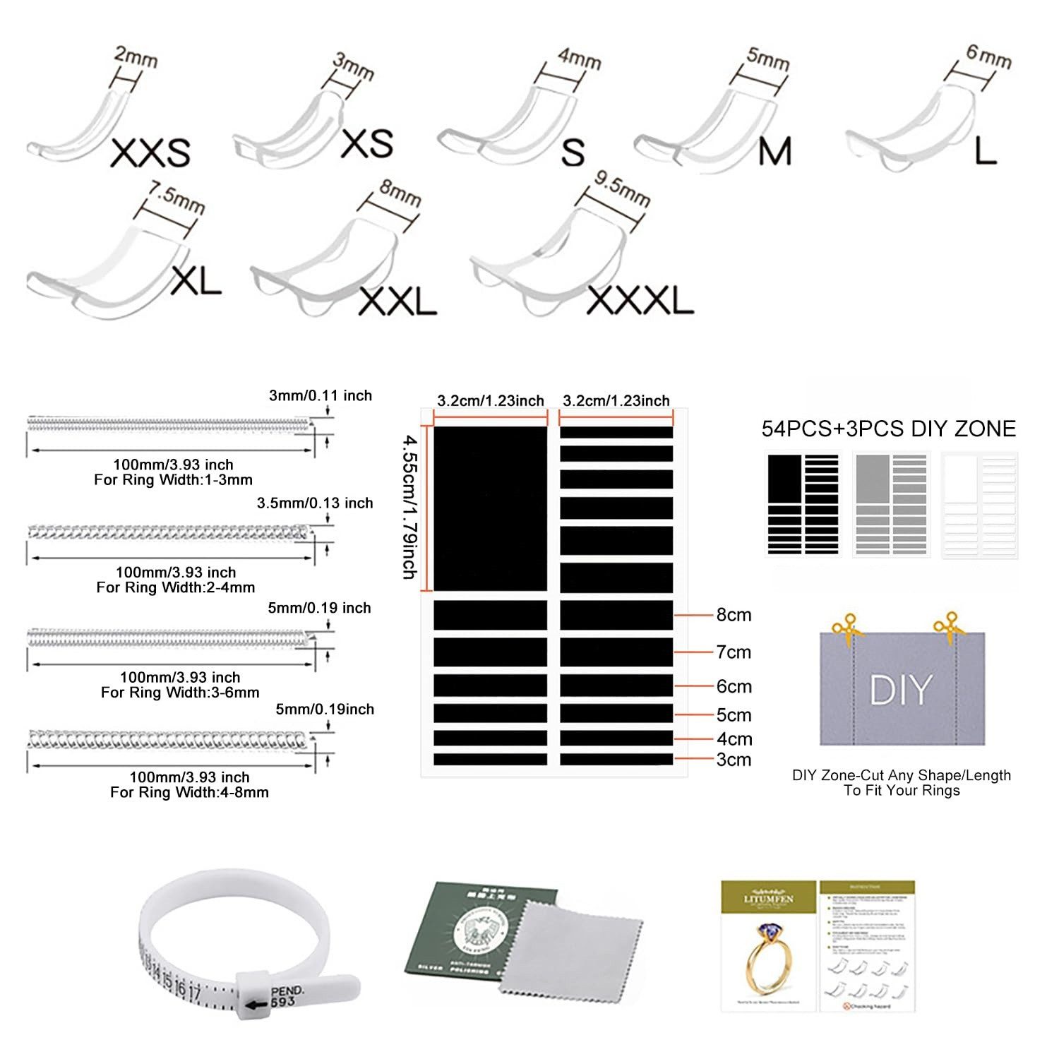 Zaewry Ringmaß 17 Stück Ringgrößenversteller Set (4 Transparente Spiralfaden für Ringgrößenbestimmung, 17-tlg., 8 Größen Transparente Ringeinsteller), mit Ringgrößenanpassung Abstandshalter,Poliertuc