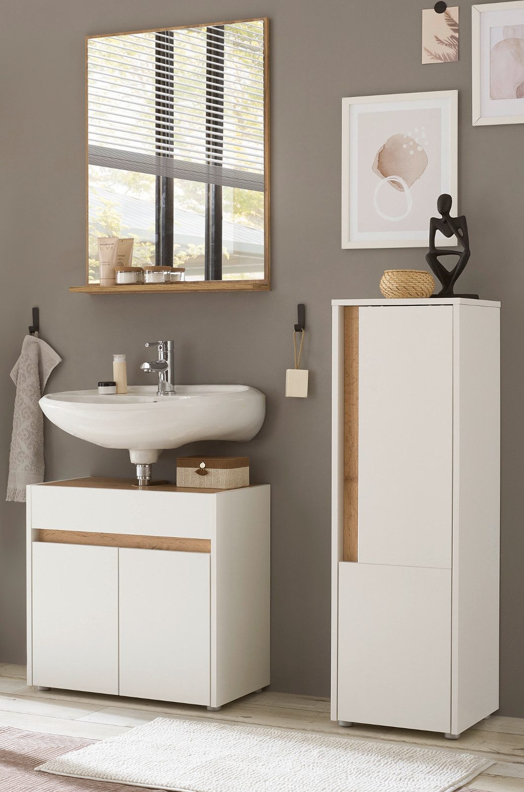 Furn.Design Badmöbel-Set Center, (Badezimmer in weiß mit Wotan Eiche, 3-teilig, 114 x 200 cm), mit viel Stauraum
