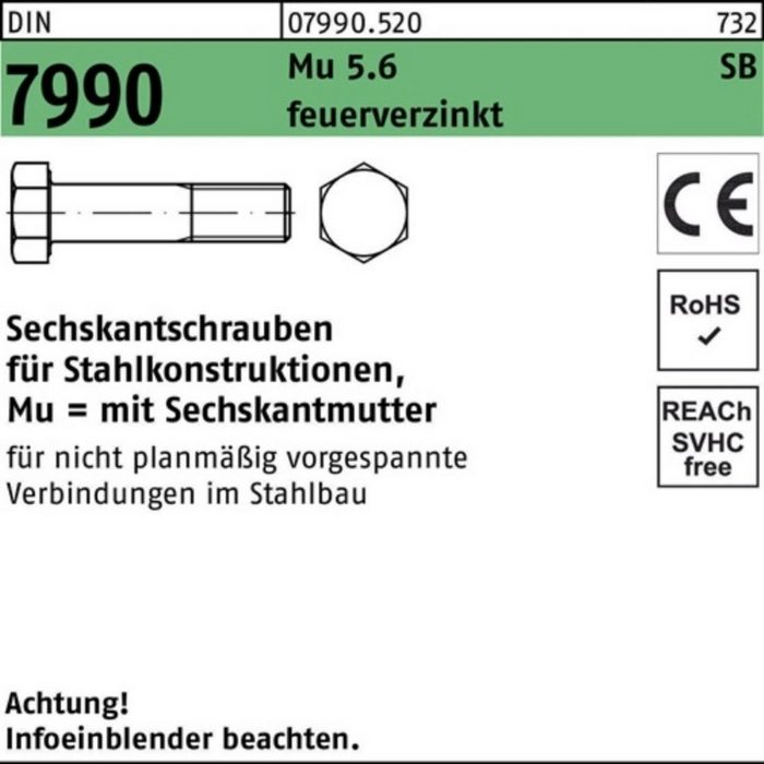 Reyher Sechskantmutter 100er Pack Sechskantschraube DIN 7990 CE Sechskantmutter M12x60 5.6 fe