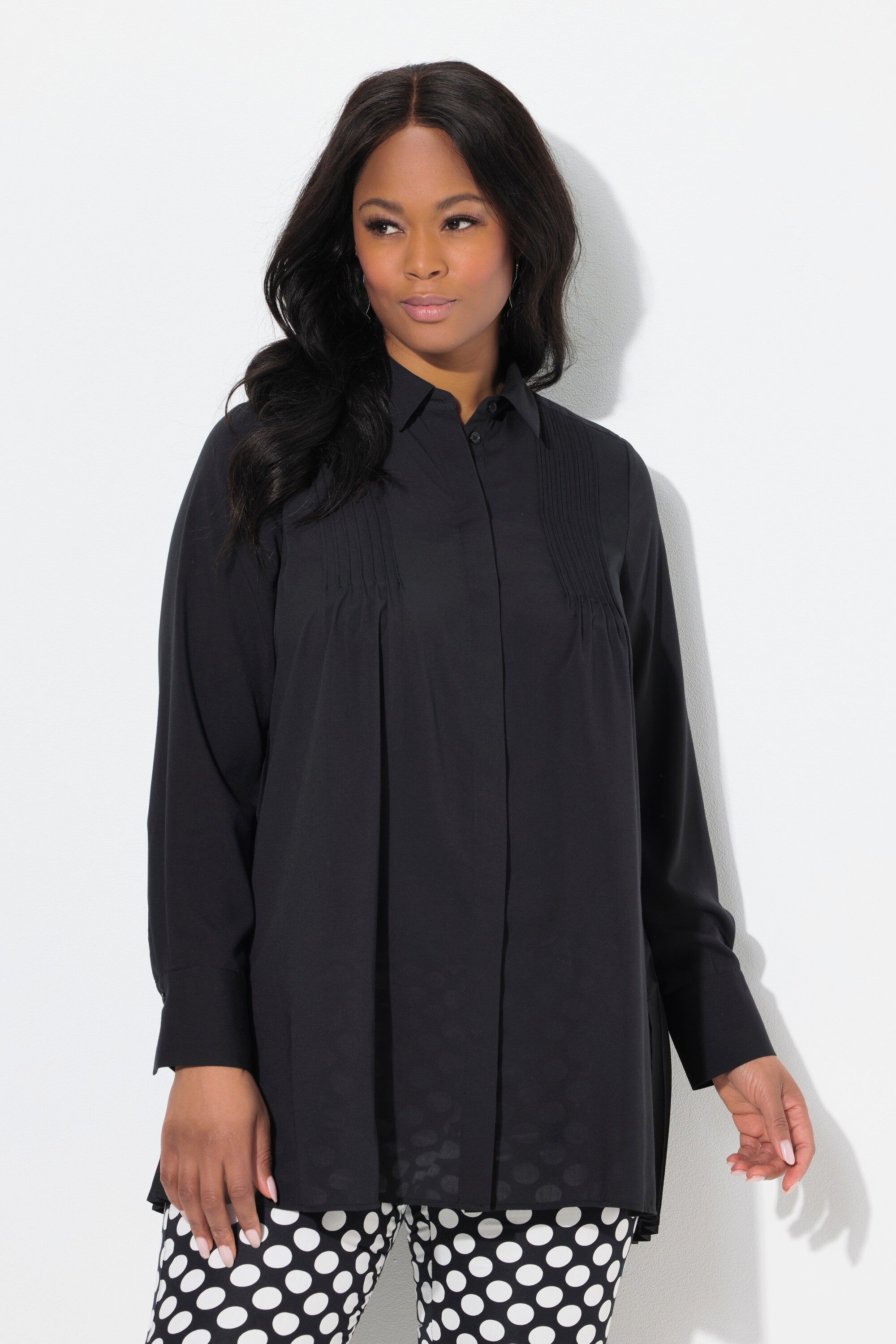 Longbluse Bluse Plissee-Rücken A-Linie Hemdkragen Langarm