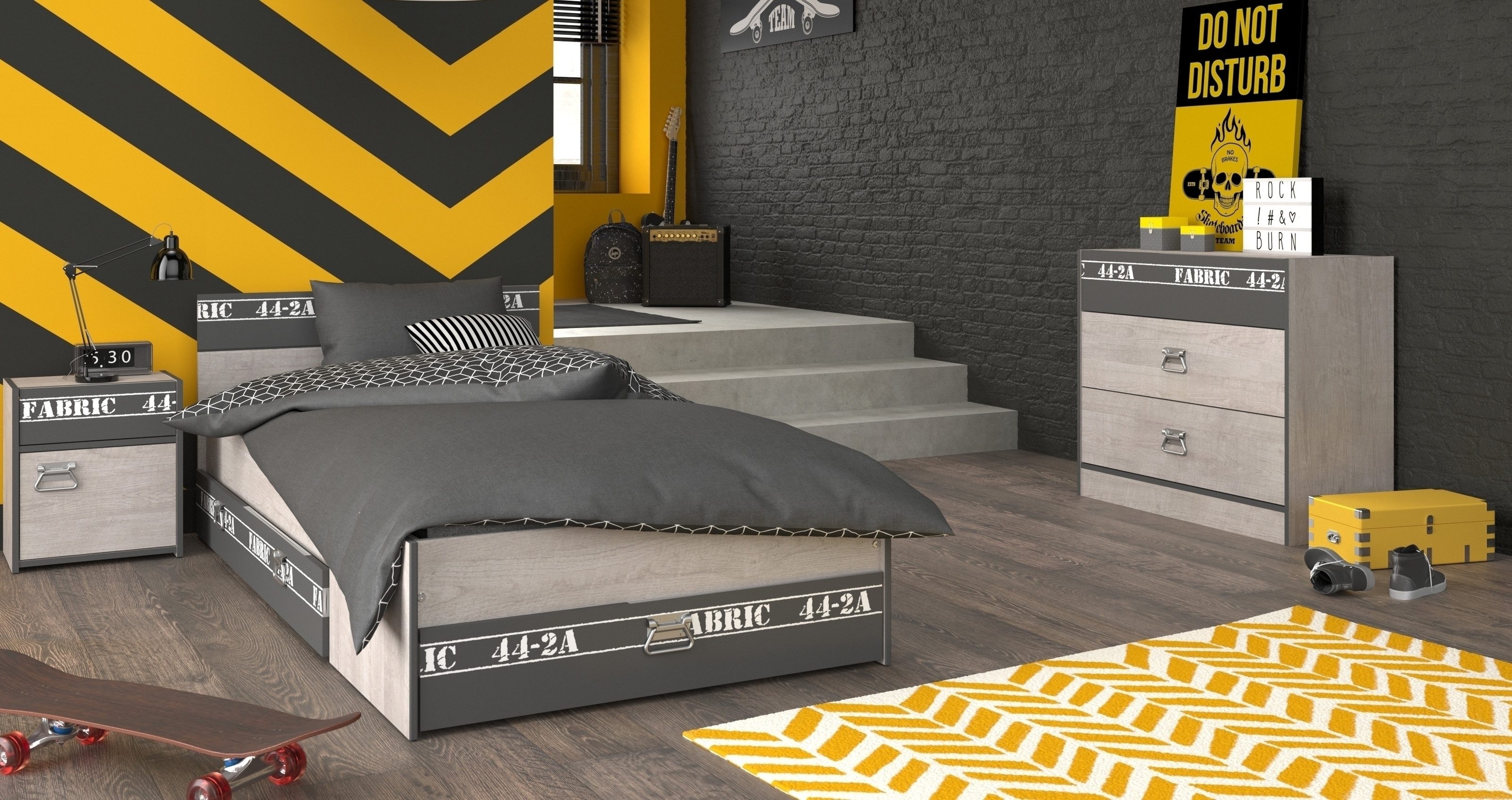 Parisot Jugendzimmer-Set Fabric 14, (3-teilig), (3-teilig) Bett, Nachtkonsole, Kommode, in Esche Grau Dekor