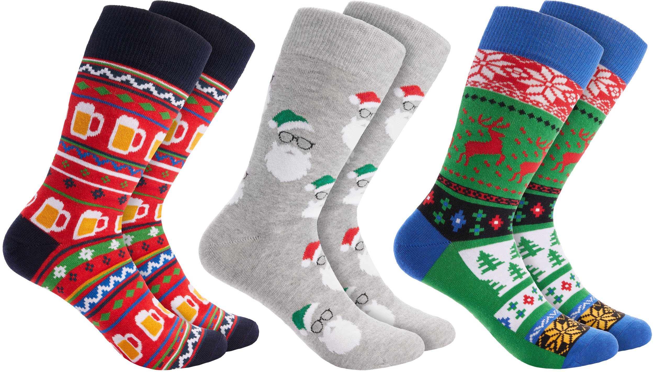 BRUBAKER Socken Weihnachtssocken - Lustige Socken für Damen und Herren (3-Paar, Unisex Baumwollsocken) Bunt, Weihnachtsmannbärte und Xmas Bier